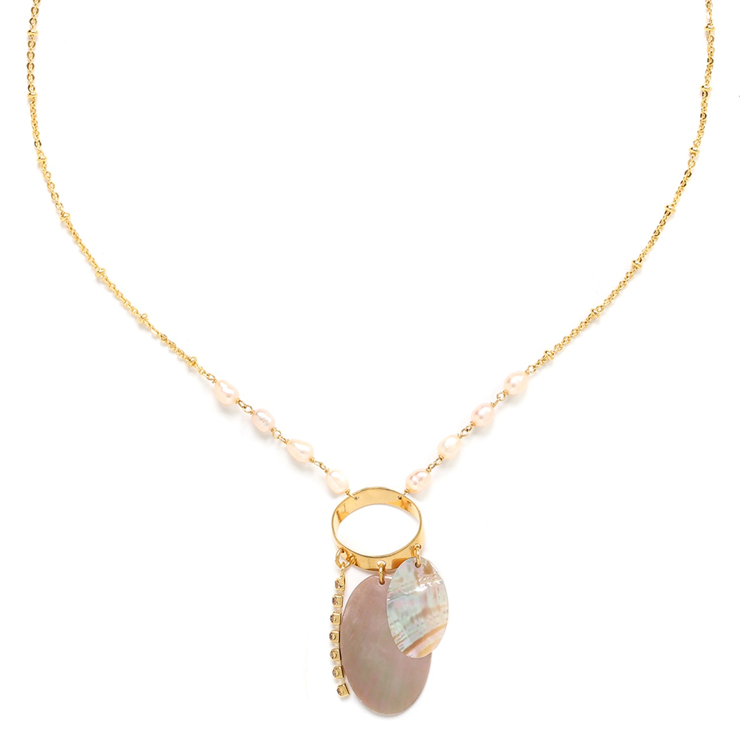 Franck Herval Sherine Short Necklace featuring mother-of-pearl and crystal chains in elegant nude shades.