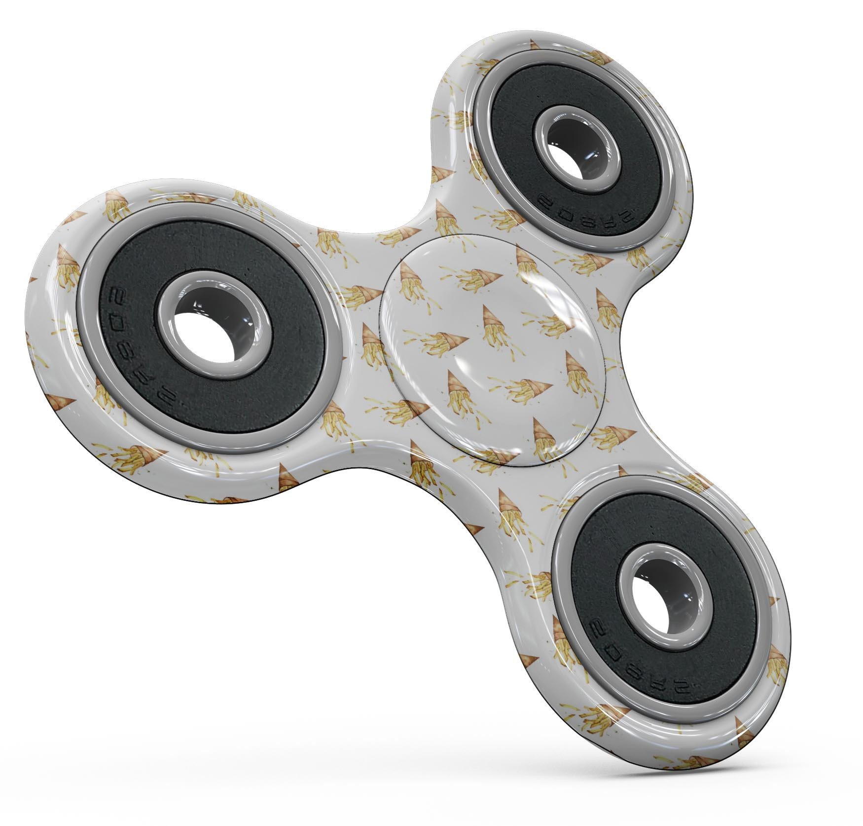 A colorful fidget spinner skin featuring a playful French fries design, showcasing vibrant colors and a unique pattern.