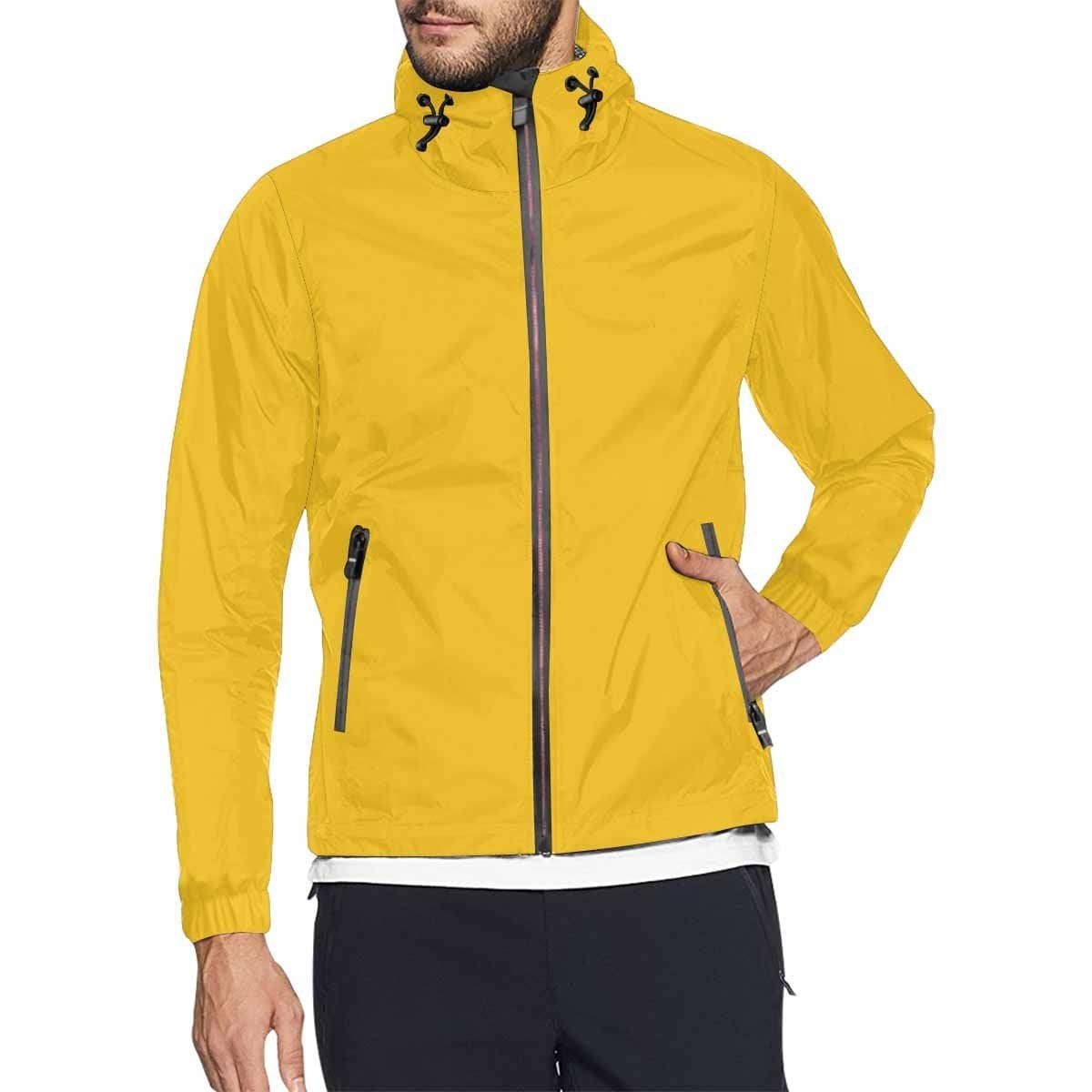 Freesia Yellow Hooded Windbreaker Jacket for men and women, showcasing its stylish design and functional features.