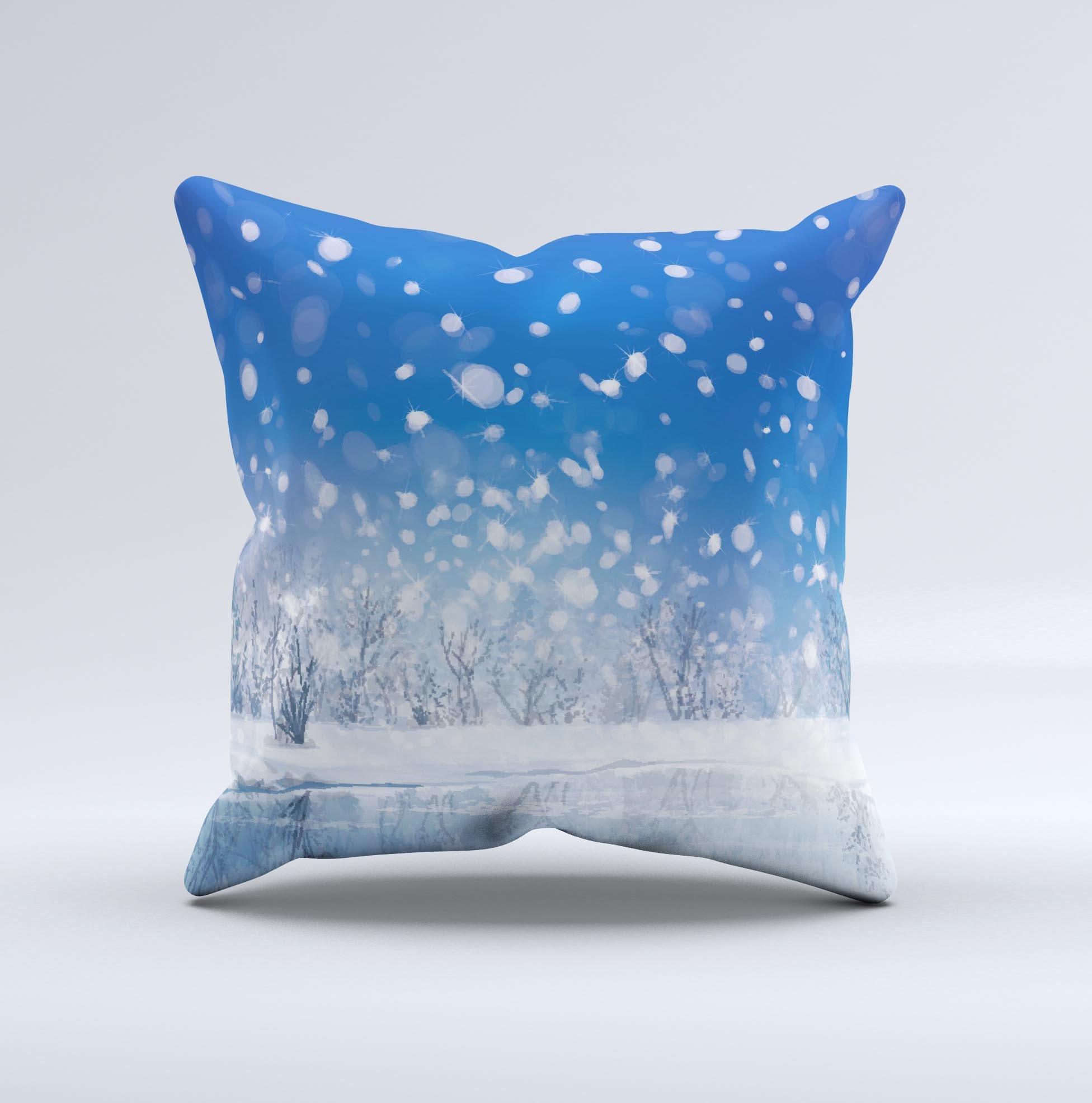 Frozen Snowfall Pond ink-Fuzed Decorative Throw Pillow showcasing unique handcrafted design and high-quality fabric.