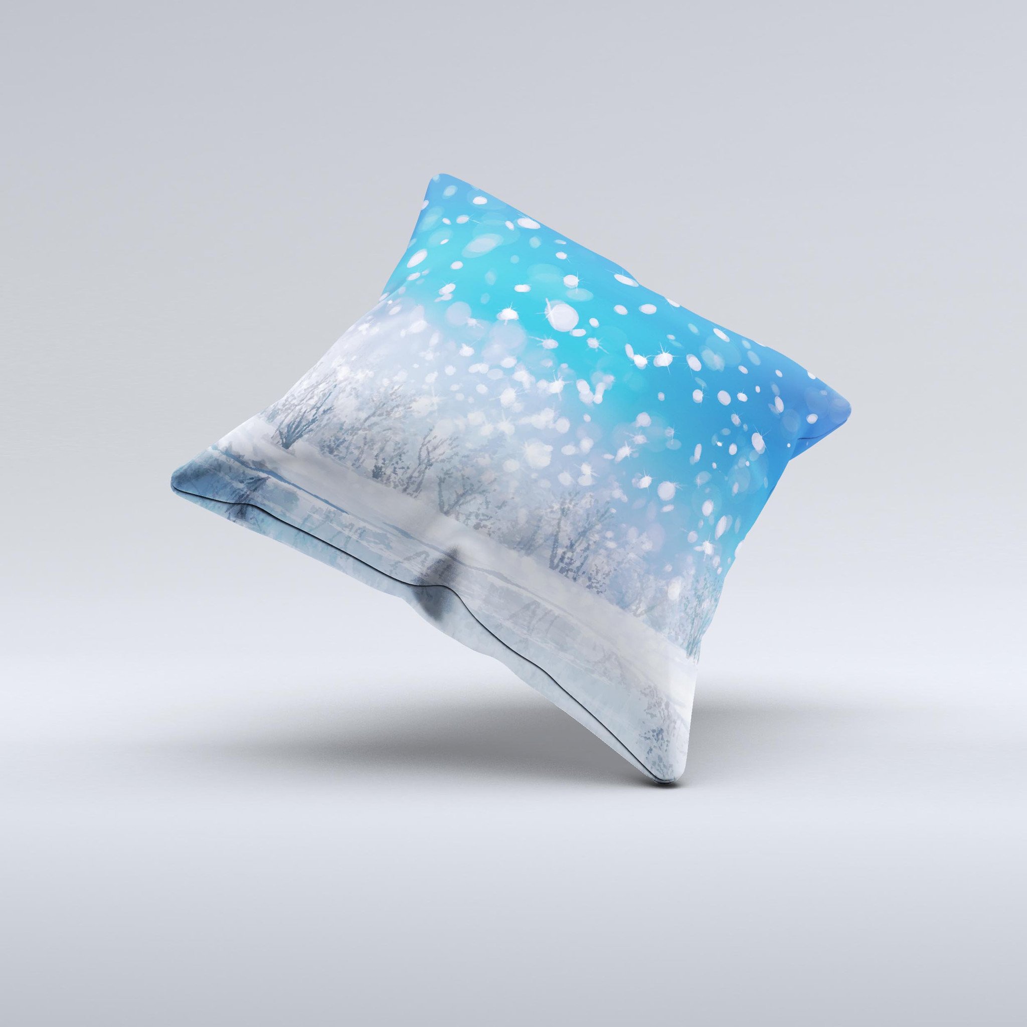 Frozen Snowfall Pond ink-Fuzed Decorative Throw Pillow showcasing unique handcrafted design and high-quality fabric.