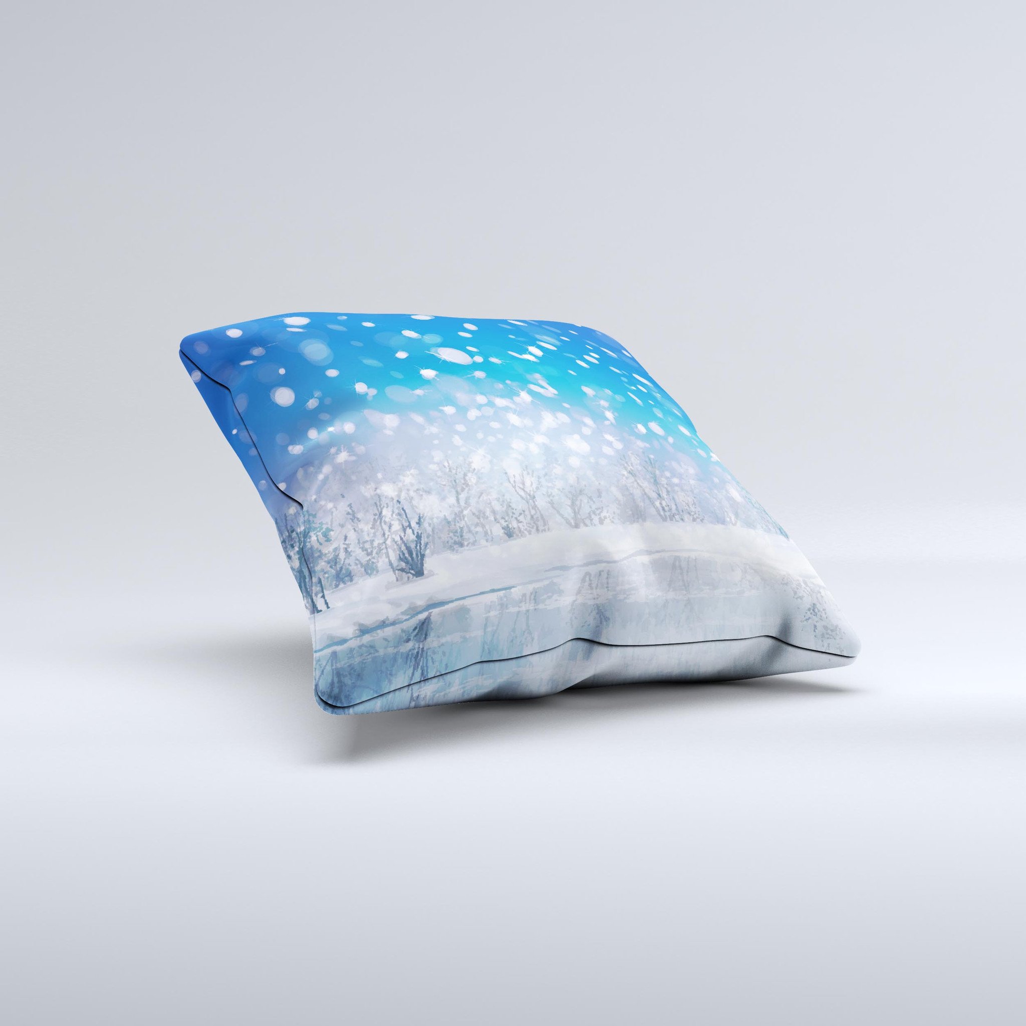 Frozen Snowfall Pond ink-Fuzed Decorative Throw Pillow showcasing unique handcrafted design and high-quality fabric.