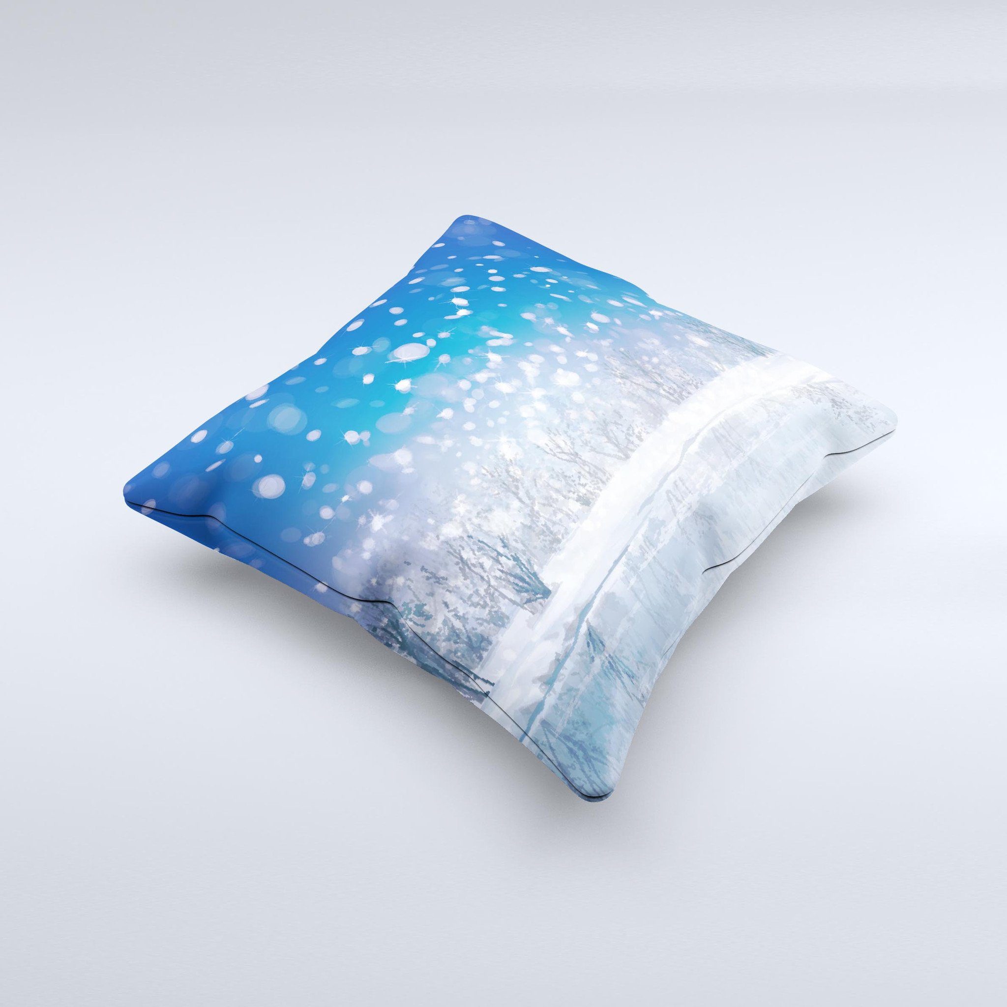 Frozen Snowfall Pond ink-Fuzed Decorative Throw Pillow showcasing unique handcrafted design and high-quality fabric.