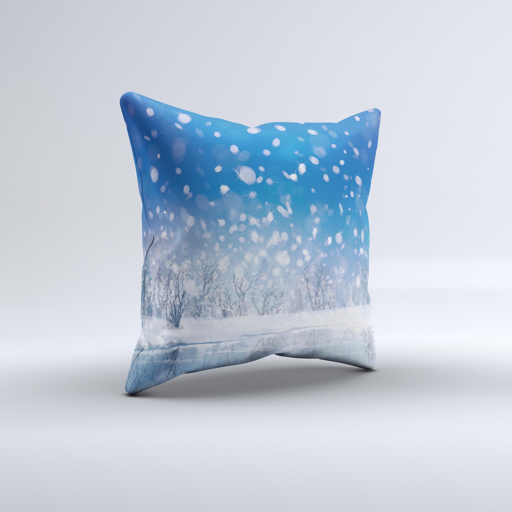 Frozen Snowfall Pond ink-Fuzed Decorative Throw Pillow showcasing unique handcrafted design and high-quality fabric.