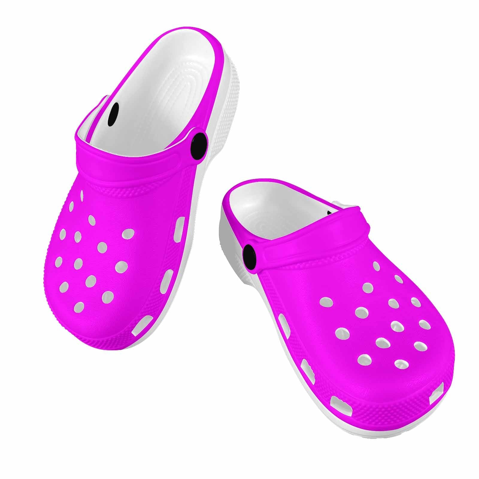 Fuchsia pink clogs for youth, featuring a slip-on design, ventilation ports, and cushioned sole for comfort and style.