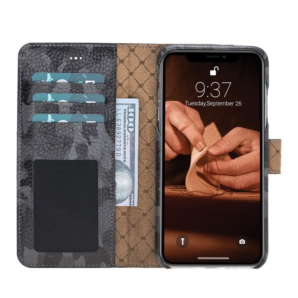 Full Leather Coating Detachable Wallet Case for Apple iPhone X Series, showcasing premium leather, card slots, and kick-stand feature.