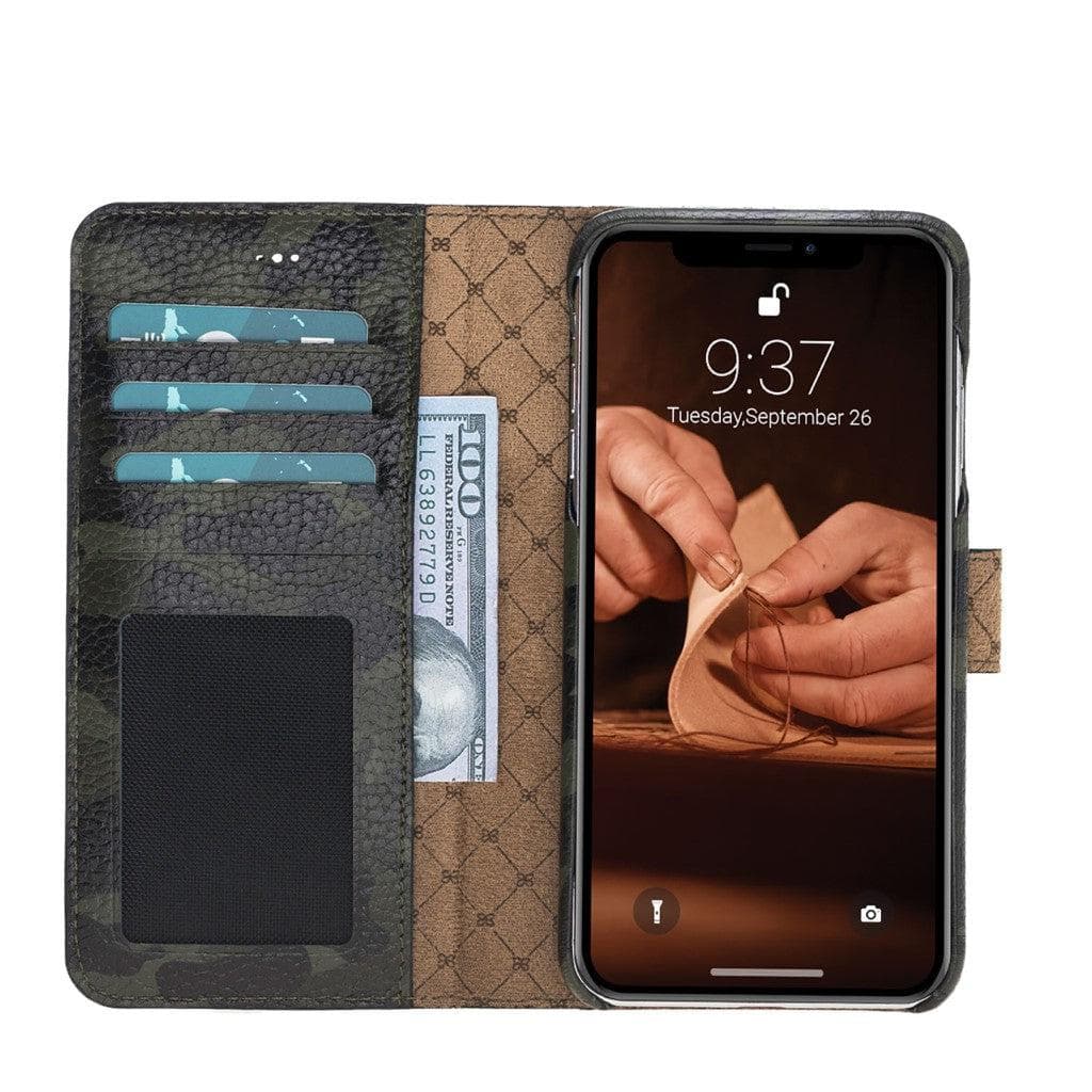 Full Leather Coating Detachable Wallet Case for Apple iPhone X Series, showcasing premium leather, card slots, and kick-stand feature.