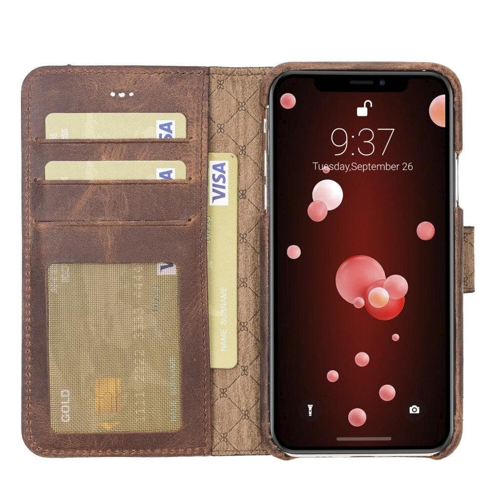 Full Leather Coating Detachable Wallet Case for Apple iPhone X Series, showcasing premium leather, card slots, and kick-stand feature.