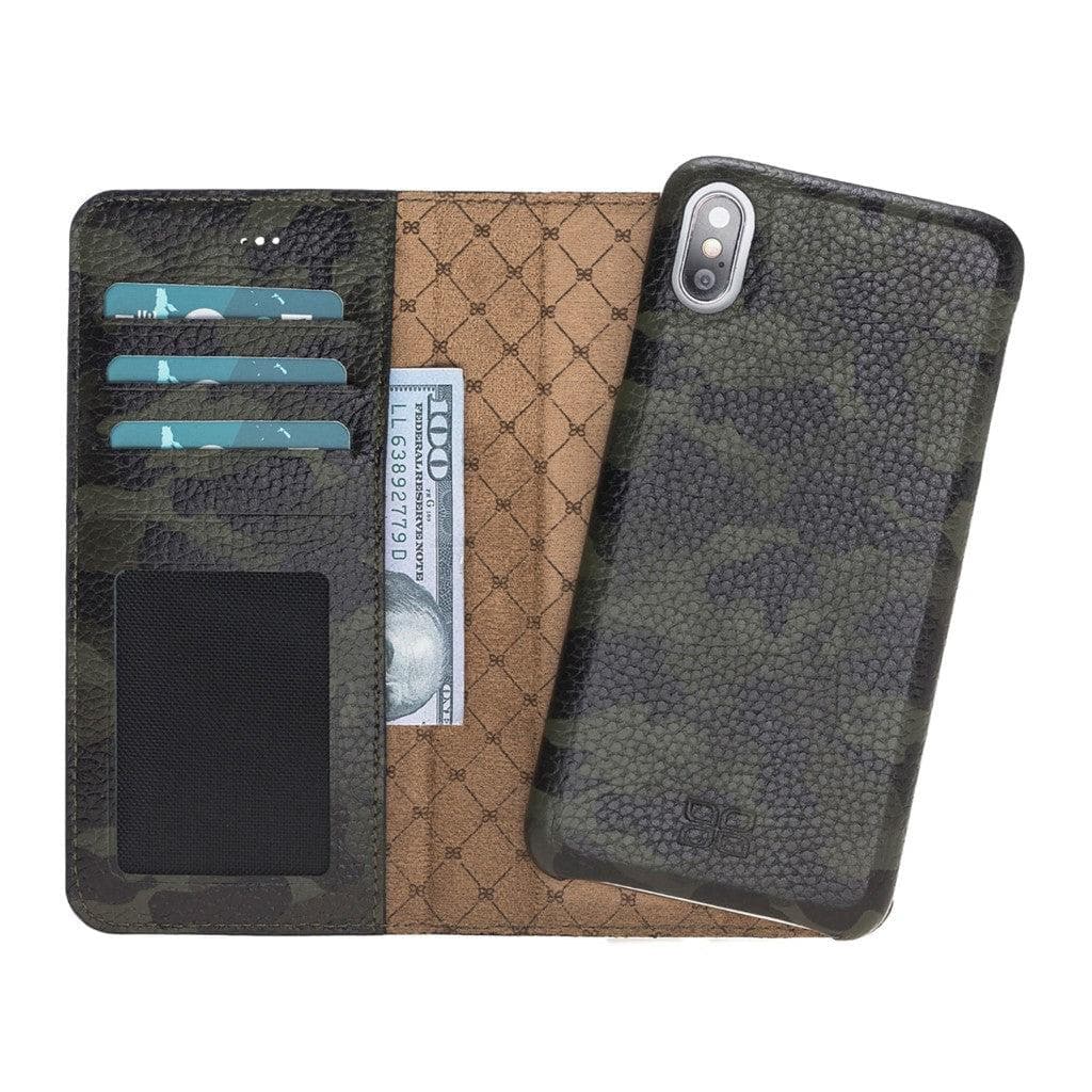 Full Leather Coating Detachable Wallet Case for Apple iPhone X Series, showcasing premium leather, card slots, and kick-stand feature.