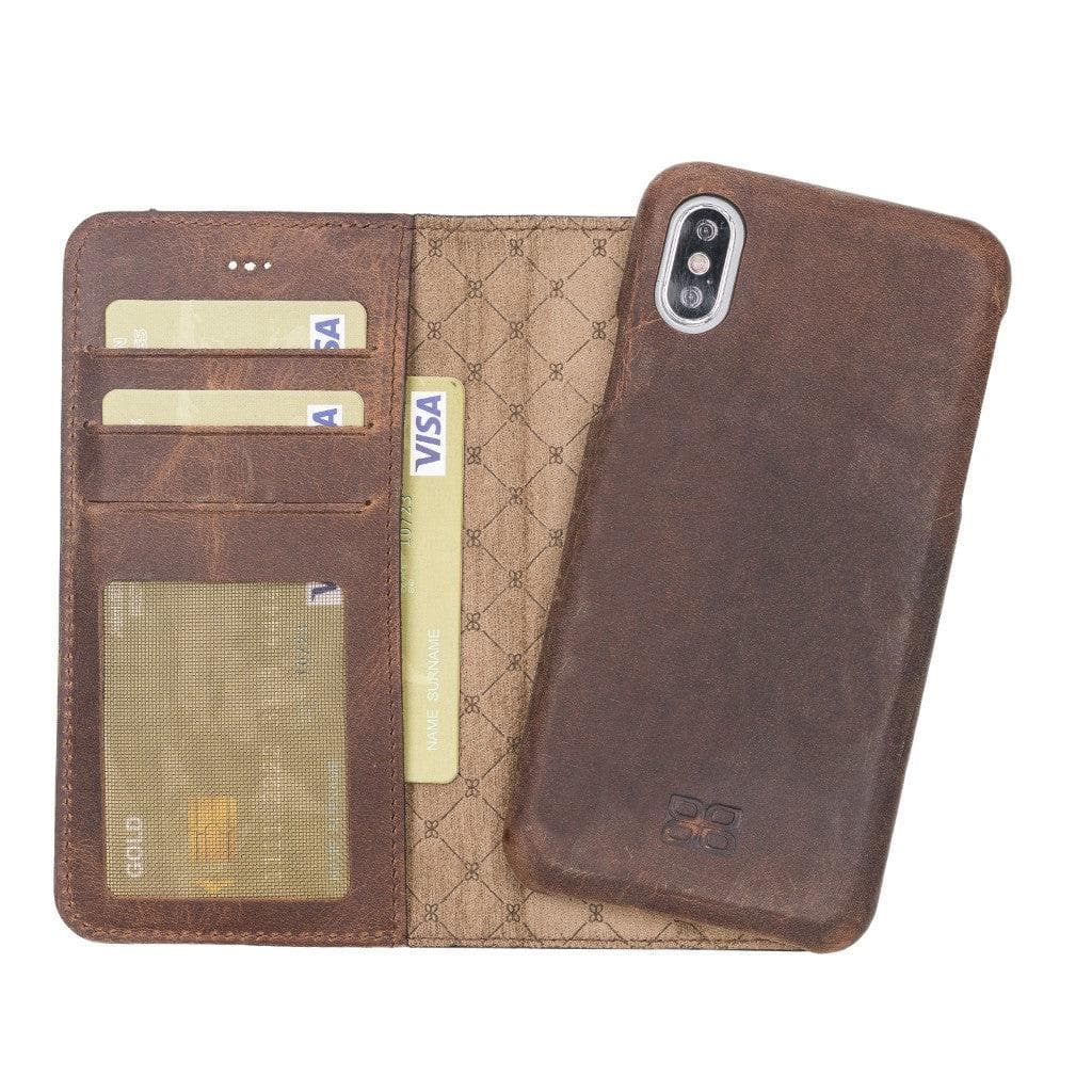 Full Leather Coating Detachable Wallet Case for Apple iPhone X Series, showcasing premium leather, card slots, and kick-stand feature.