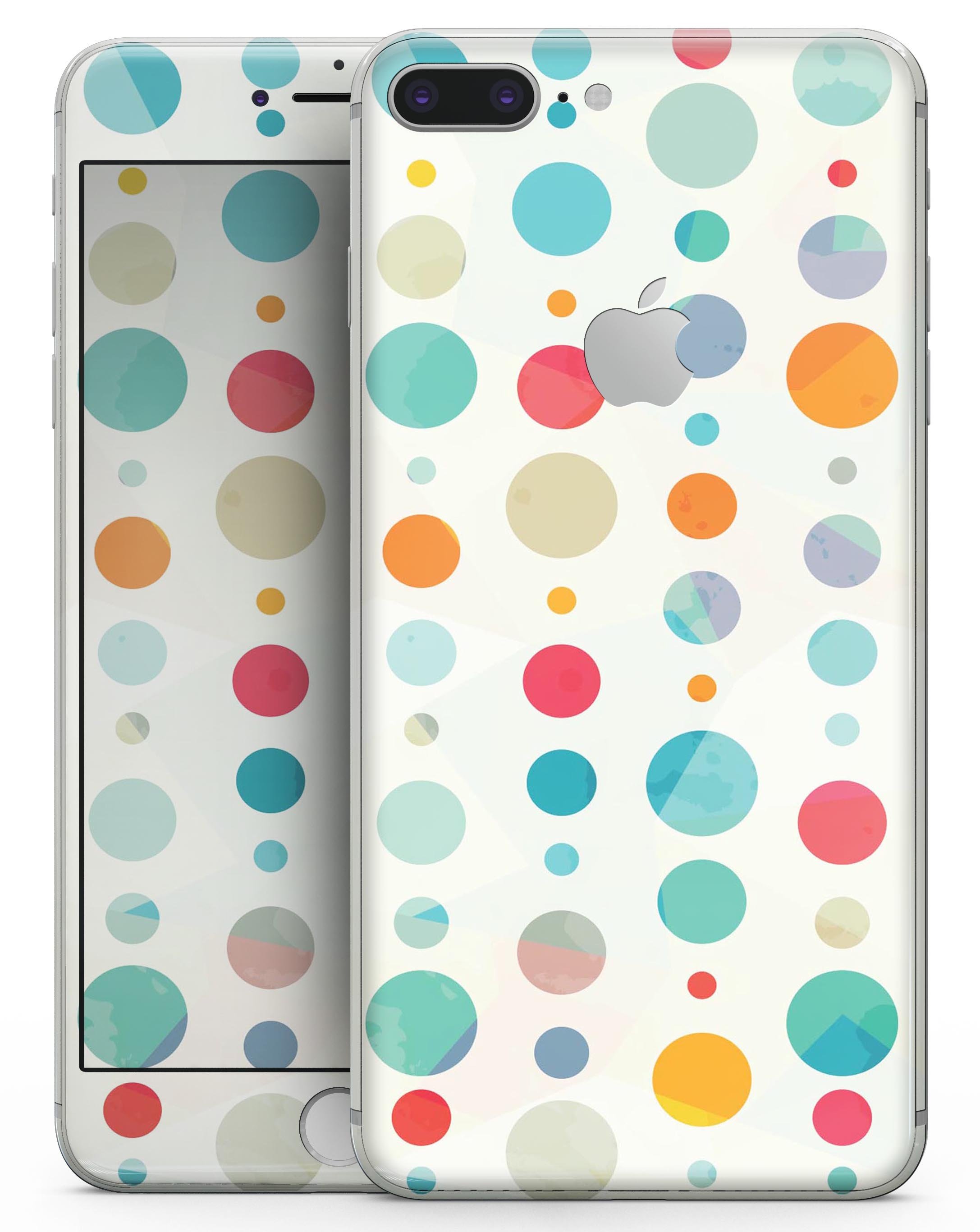 Fun Polka Pattern Skin-Kit for iPhone 8 and 8 Plus, showcasing vibrant polka dots on a sleek vinyl surface.