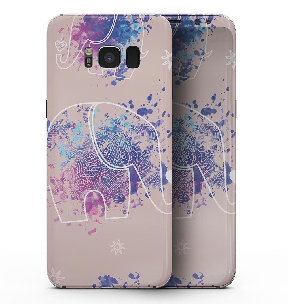 Samsung Galaxy S8 with Fun Sacred Elephants full-body skin, showcasing vibrant colors and intricate patterns.