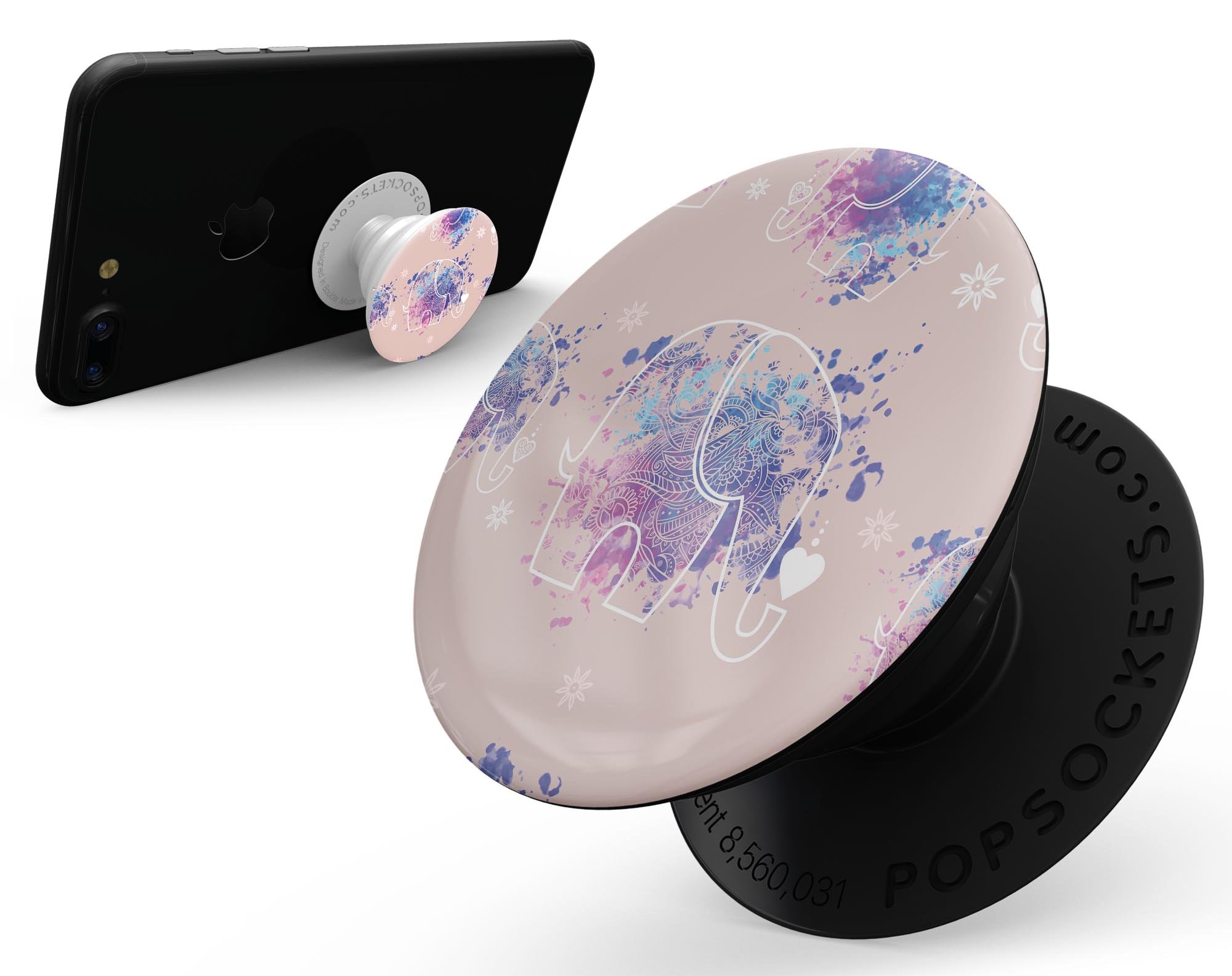 Fun Sacred Elephants Skin Kit for PopSockets featuring colorful elephant designs on premium vinyl.