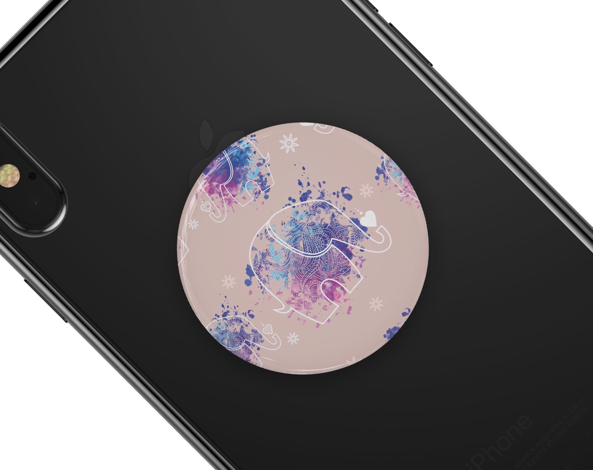 Fun Sacred Elephants Skin Kit for PopSockets featuring colorful elephant designs on premium vinyl.