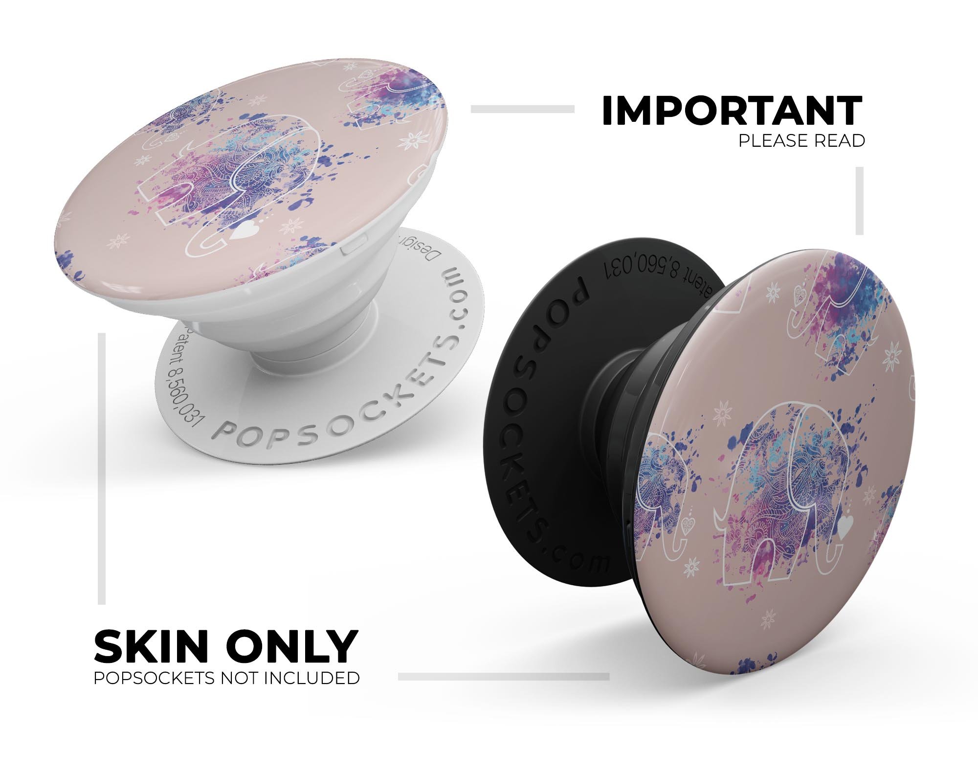 Fun Sacred Elephants Skin Kit for PopSockets featuring colorful elephant designs on premium vinyl.