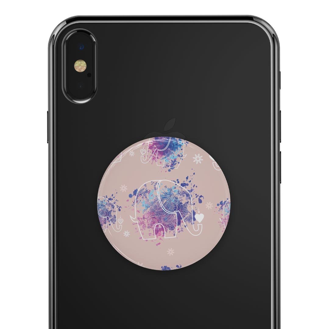 Fun Sacred Elephants Skin Kit for PopSockets featuring colorful elephant designs on premium vinyl.