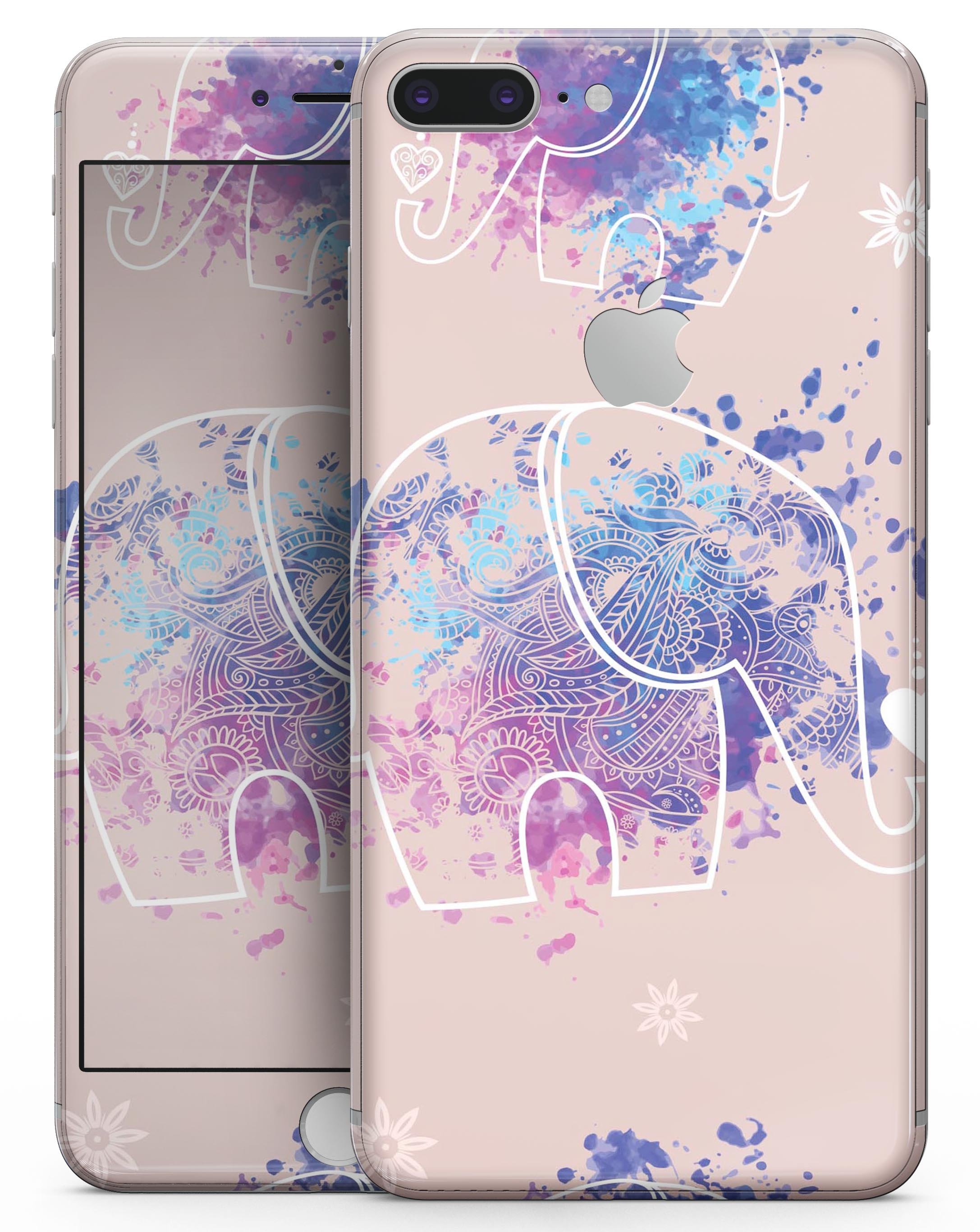 Fun Sacred Elephants skin-kit for iPhone 8 and 8 Plus, showcasing vibrant elephant design on premium vinyl.