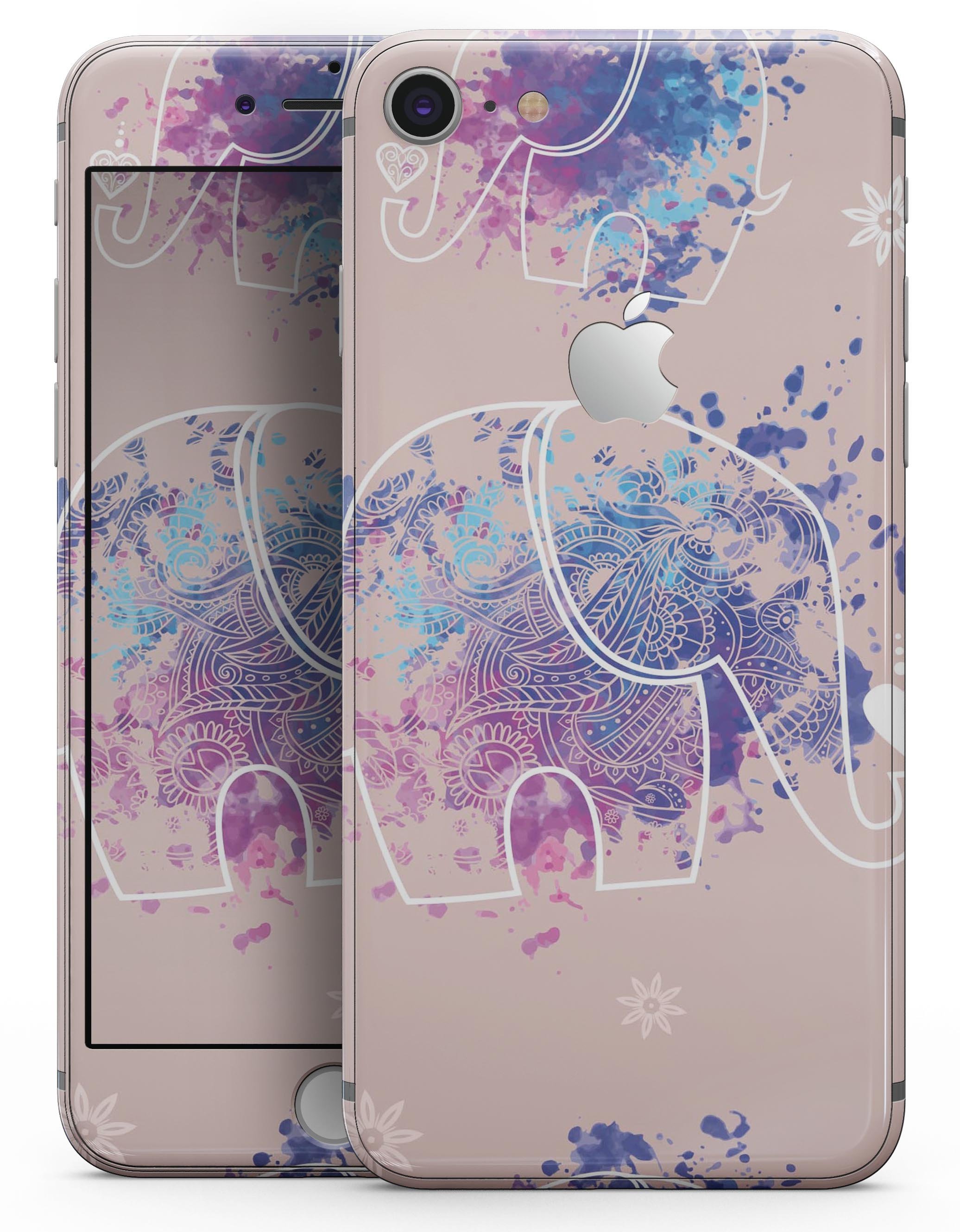 Fun Sacred Elephants skin-kit for iPhone 8 and 8 Plus, showcasing vibrant elephant design on premium vinyl.