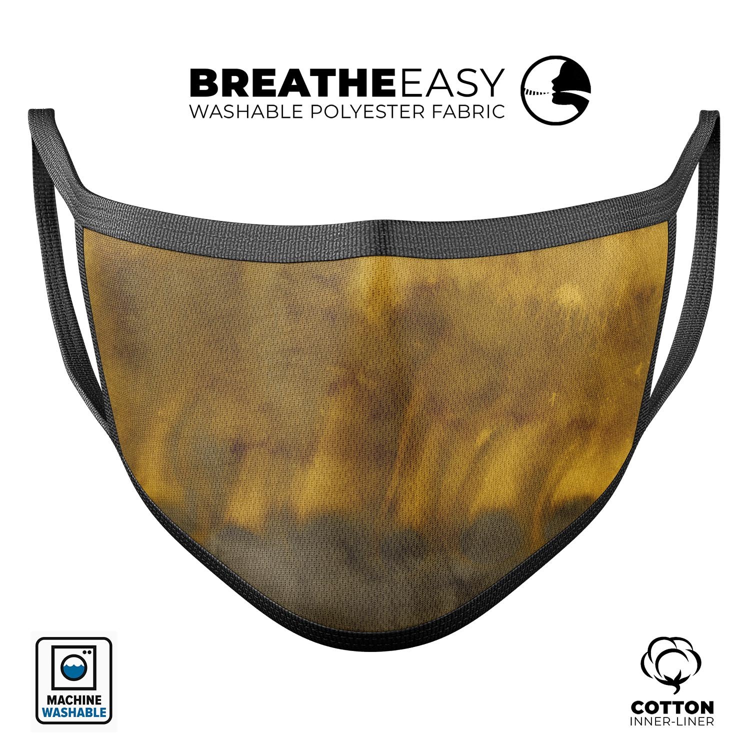 Furry Golden Explosion mouth cover, a colorful and stylish anti-dust mask made in the USA, featuring adjustable ear loops and a soft cotton interior.