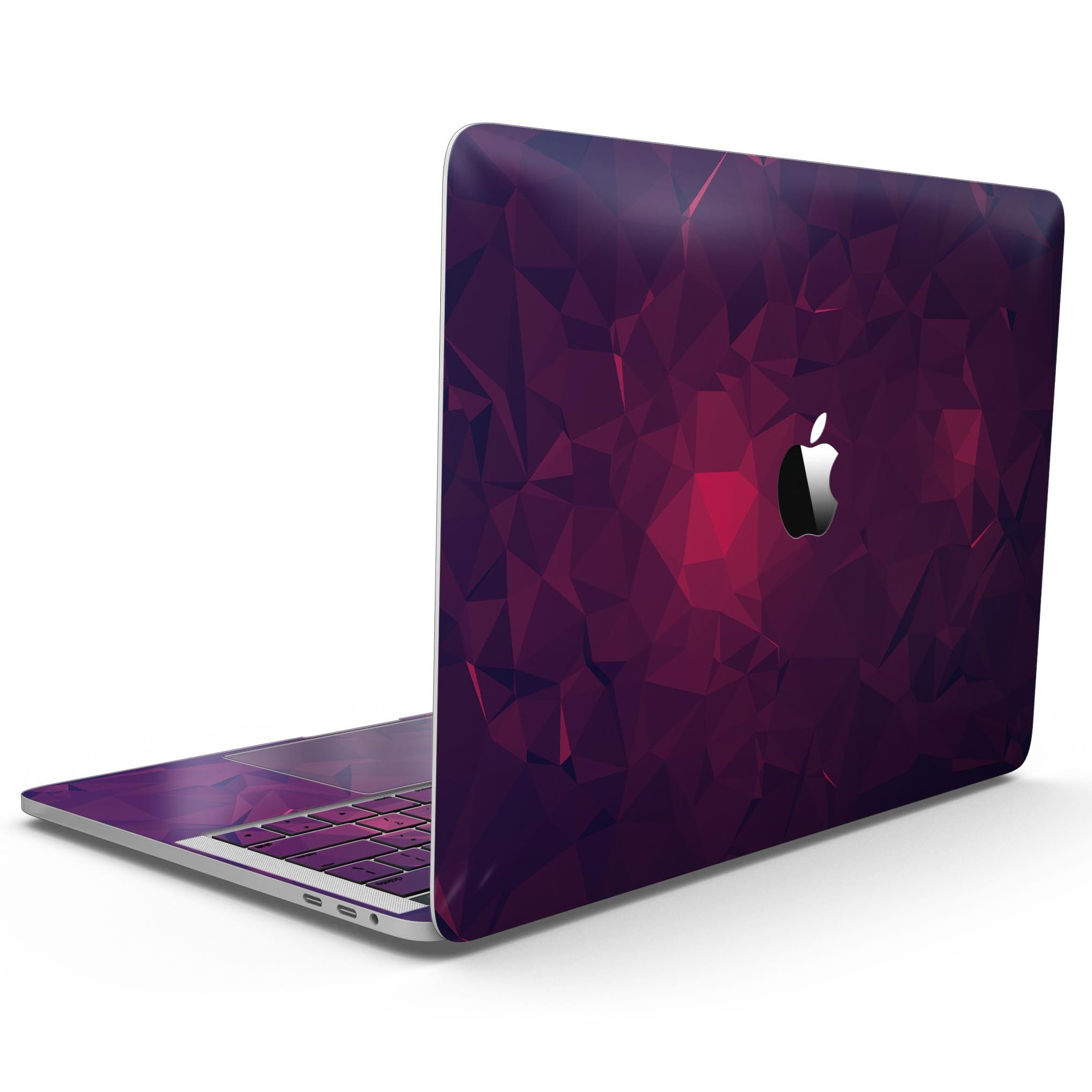 Fuscia Geometric Triangles skin kit for MacBook Pro with Touch Bar, showcasing vibrant geometric patterns on a sleek device.