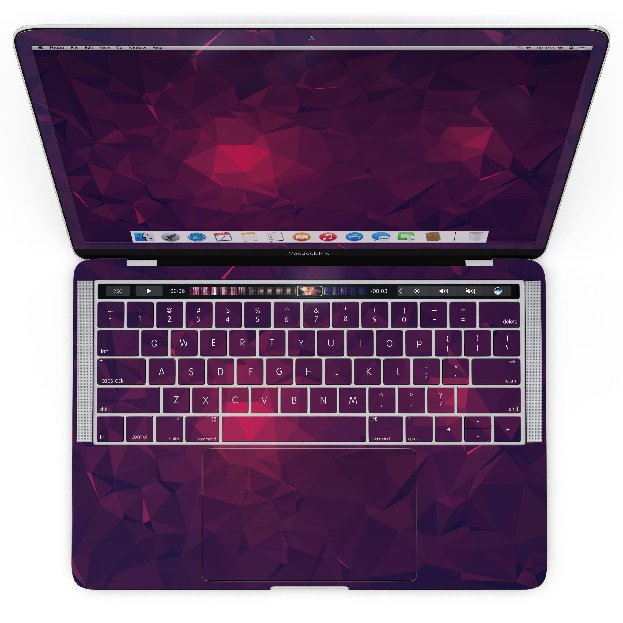 Fuscia Geometric Triangles skin kit for MacBook Pro with Touch Bar, showcasing vibrant geometric patterns on a sleek device.