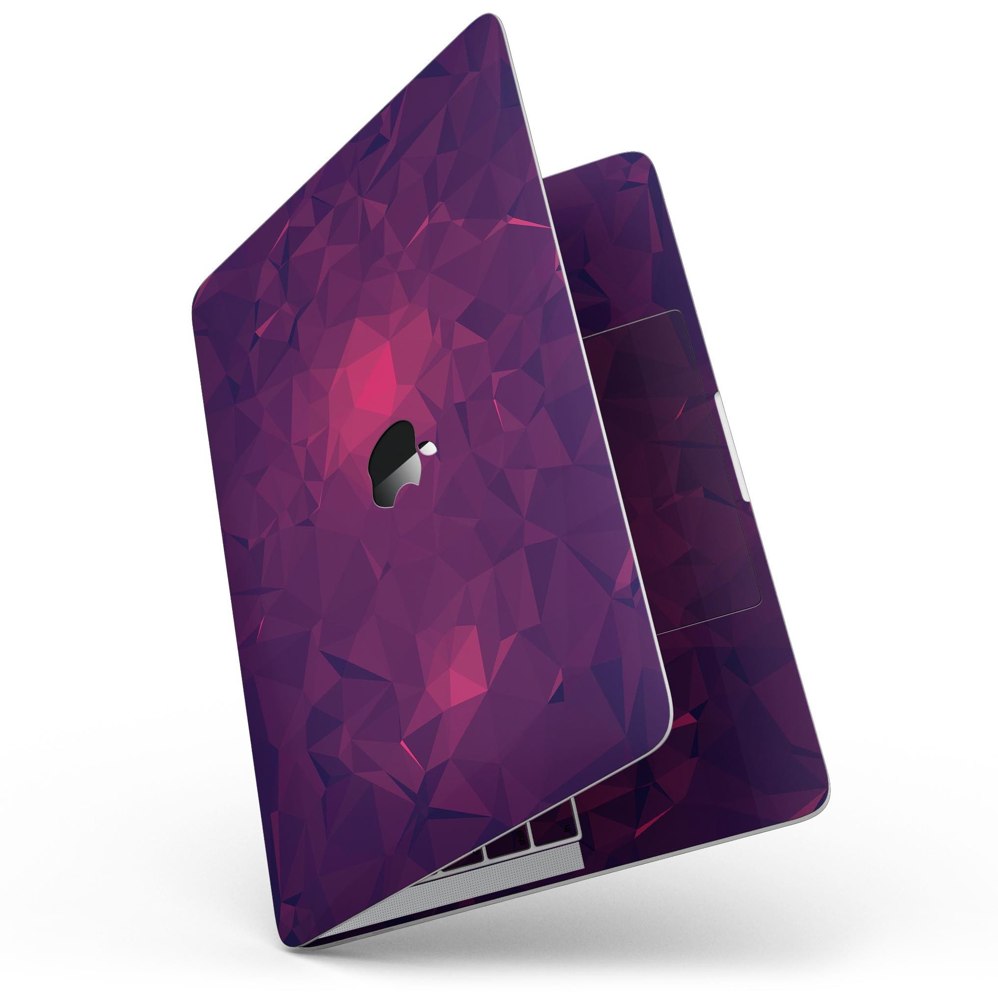 Fuscia Geometric Triangles skin kit for MacBook Pro with Touch Bar, showcasing vibrant geometric patterns on a sleek device.