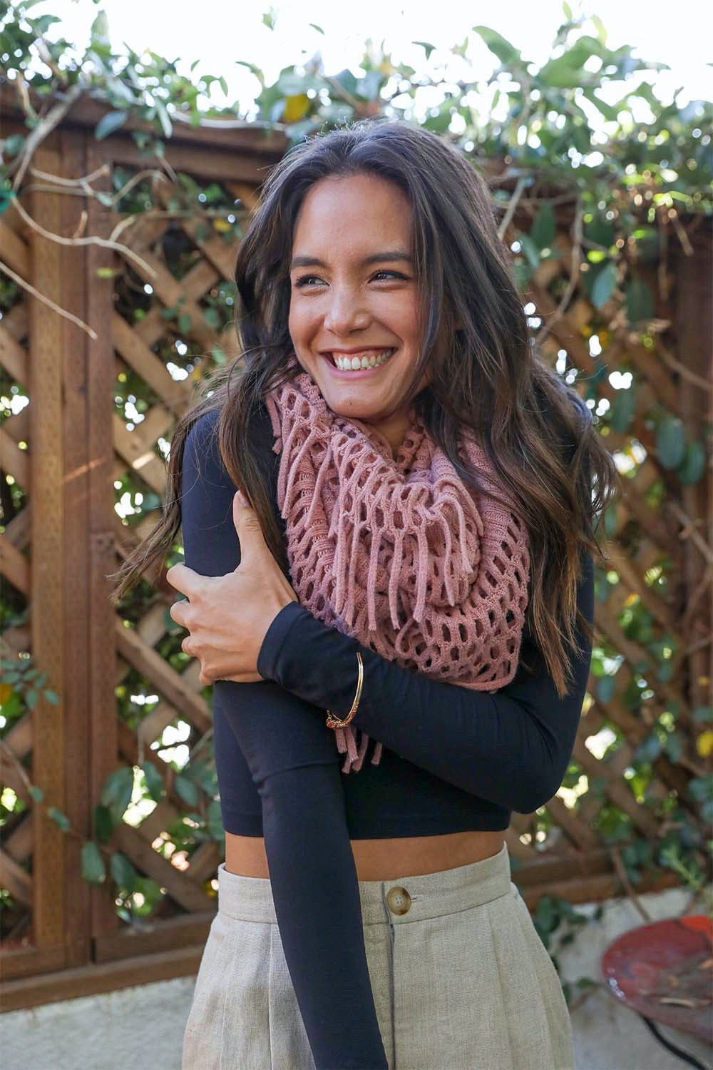 Fuzzy Chenille Tassel Infinity Scarf in various colors, showcasing its soft texture and playful tassels.