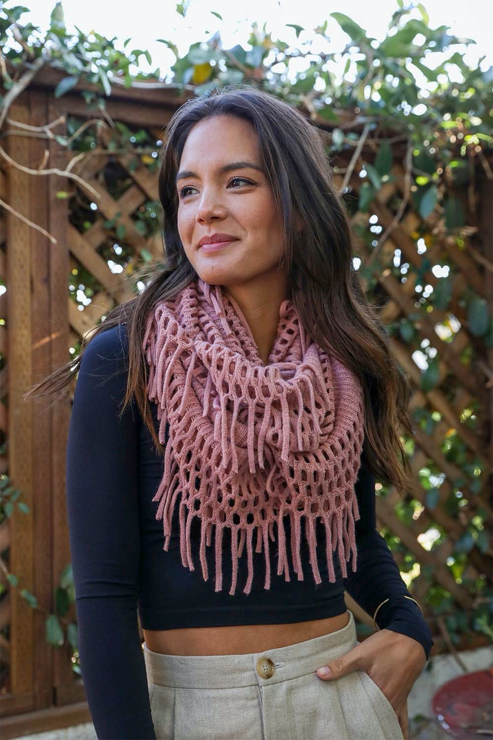 Fuzzy Chenille Tassel Infinity Scarf in various colors, showcasing its soft texture and playful tassels.