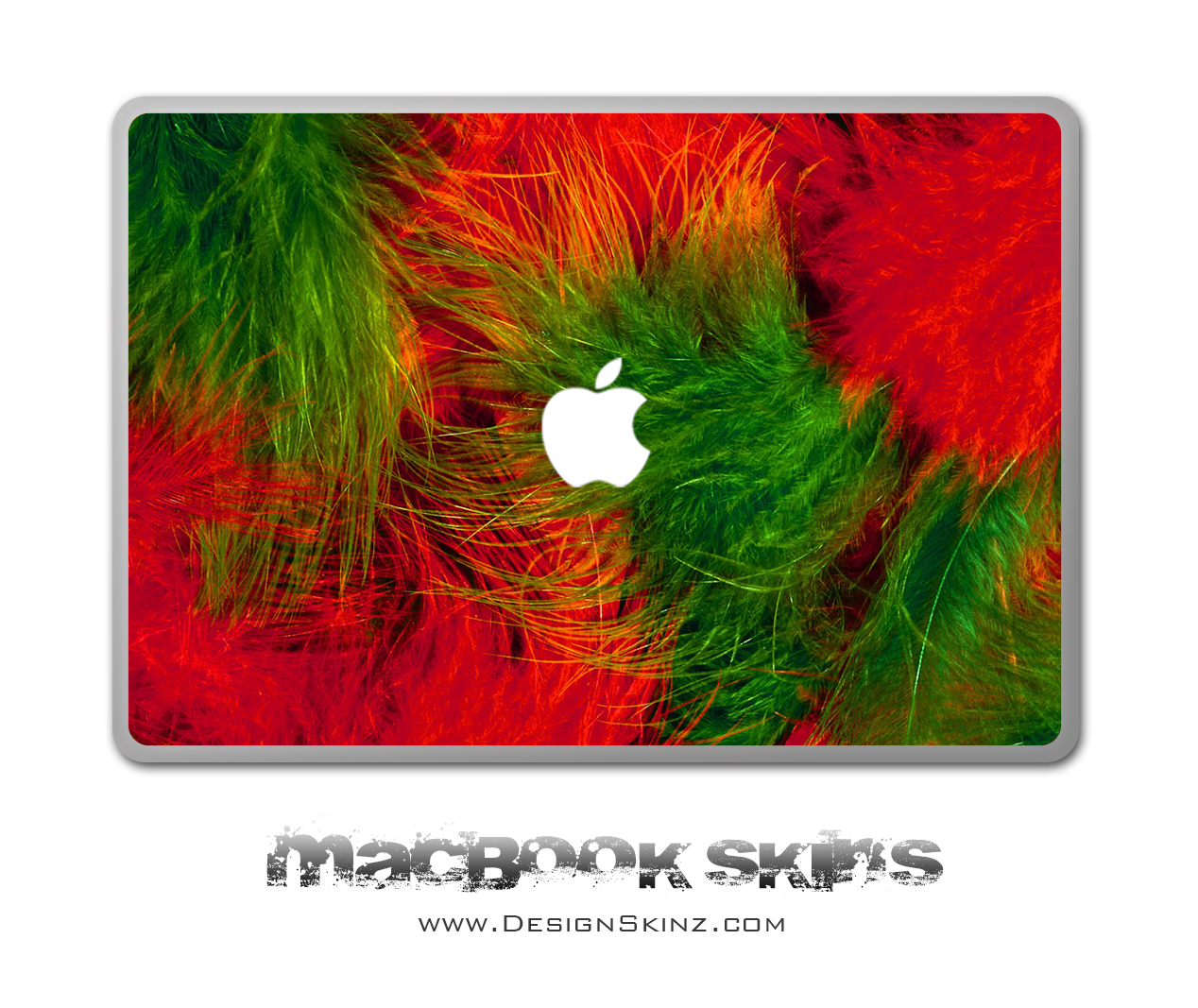 Fuzzy Feathers MacBook Skin featuring a vibrant feather design, available for 11", 13", and 15" MacBook models with an Apple logo cutout.