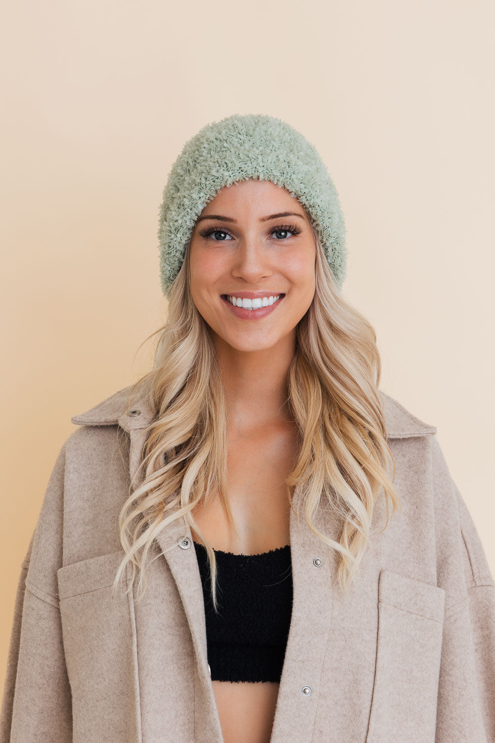 A cozy Fuzzy Fluff Toast Beanie made from soft chenille, perfect for winter wear, showcasing its luxurious texture and stylish design.