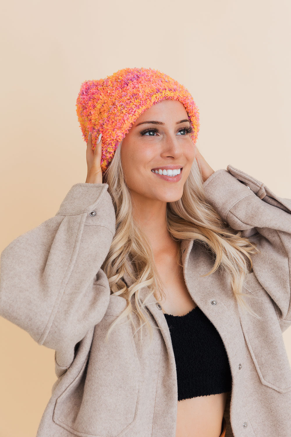 A cozy Fuzzy Fluff Toast Beanie made from soft chenille, perfect for winter wear, showcasing its luxurious texture and stylish design.