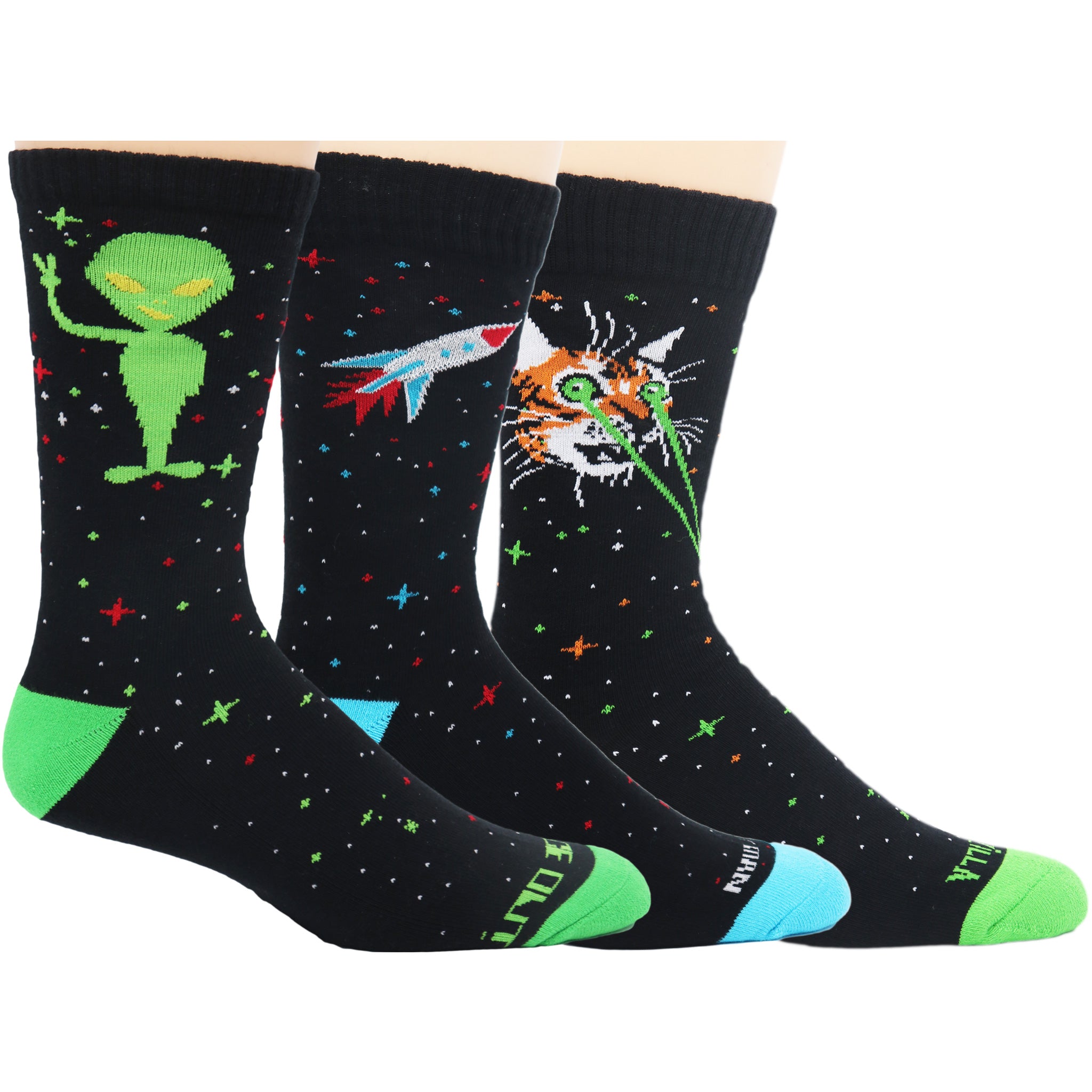 Galaxy Crew Socks 3-Pack featuring Alien, Rocket Man, and Catzilla designs in vibrant colors.