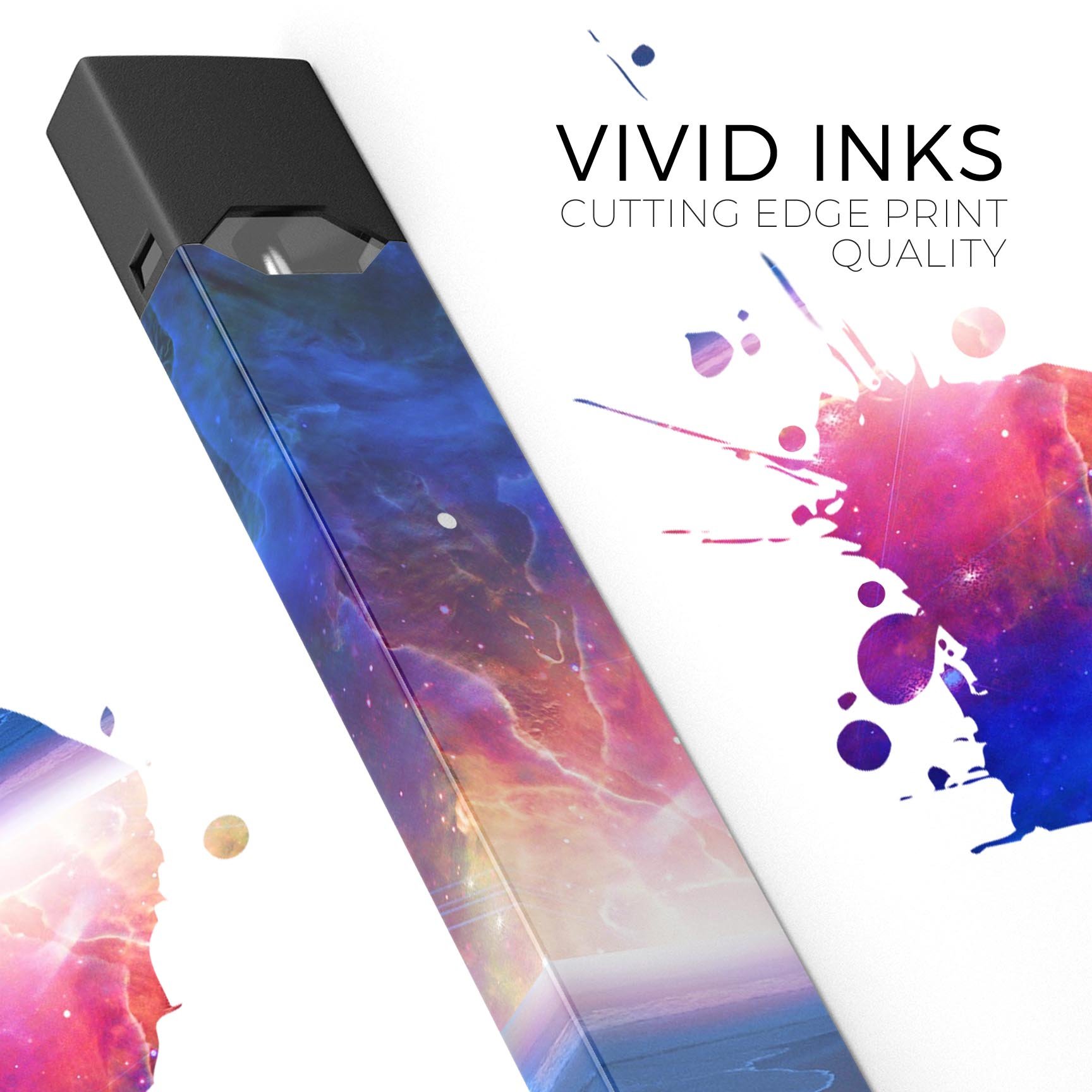 Galaxy Explosion decal skin for JUUL vaping device, featuring vibrant colors and a calm sea shore design.