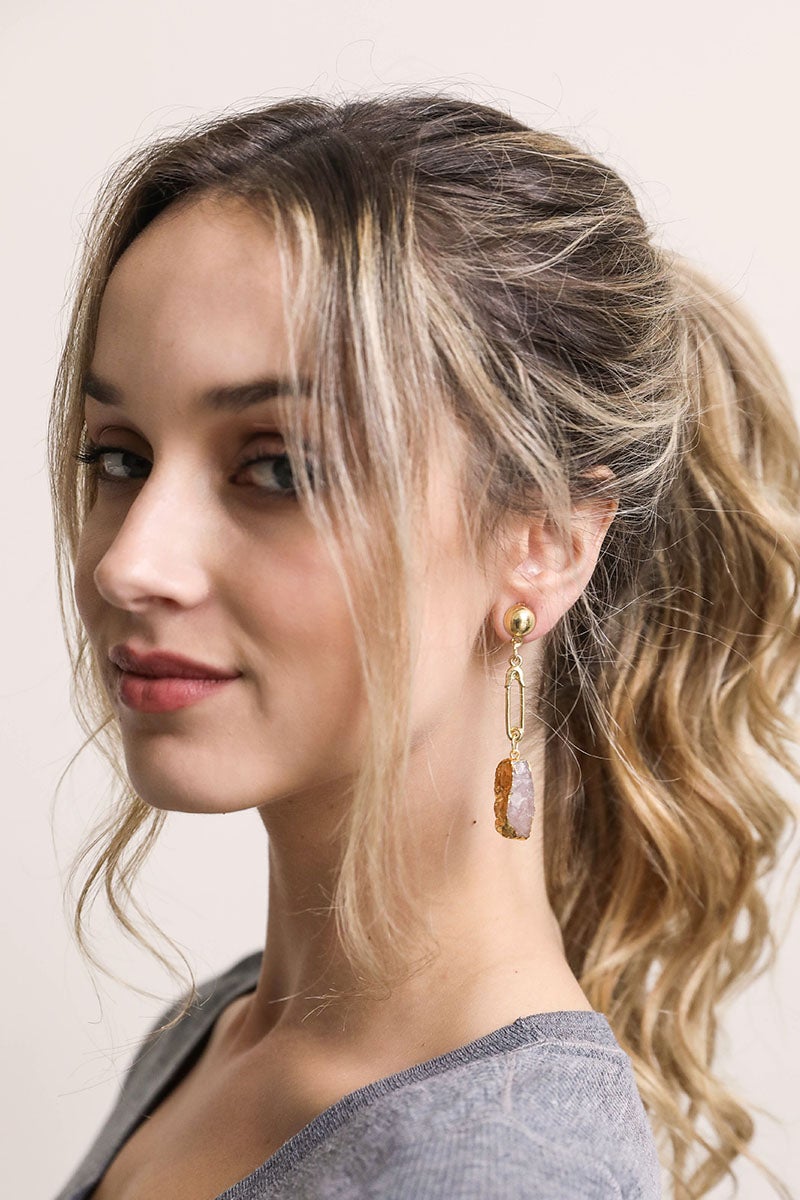 Elegant Gem Stone Fashion Earrings featuring a pink gemstone in a gold setting, perfect for special occasions.