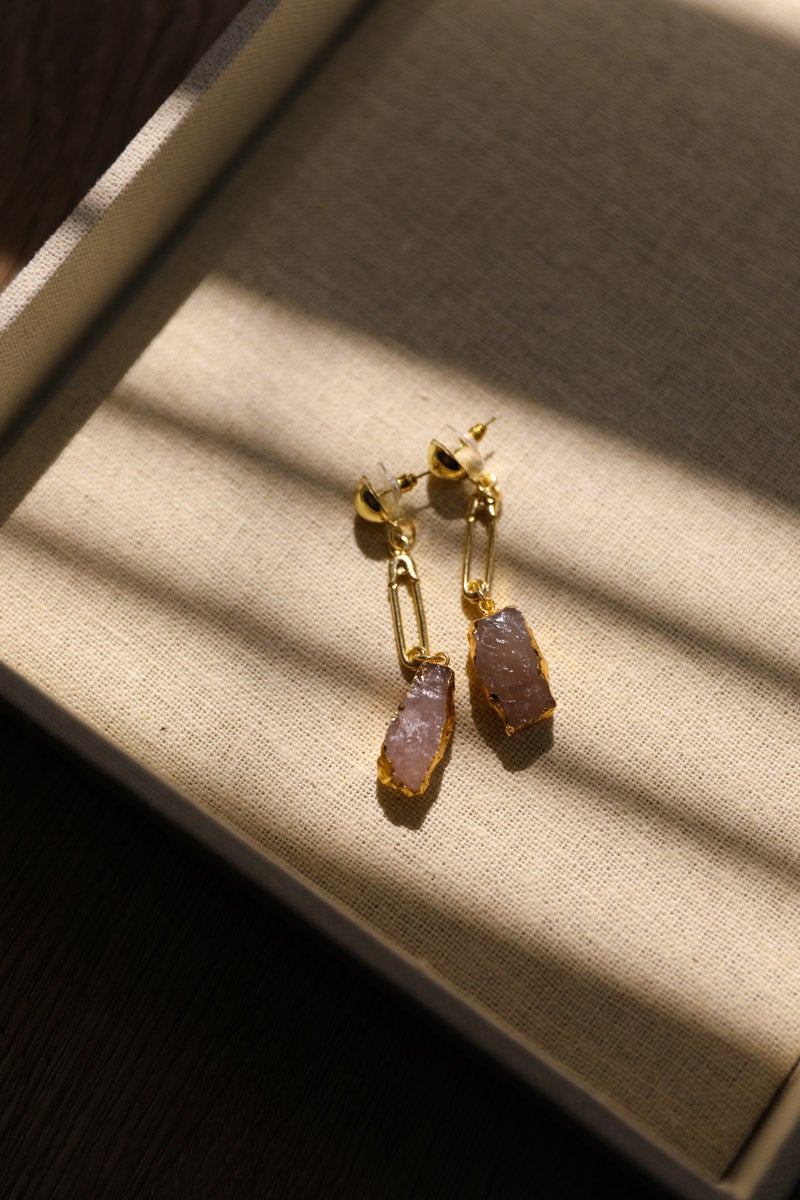 Elegant Gem Stone Fashion Earrings featuring a pink gemstone in a gold setting, perfect for special occasions.