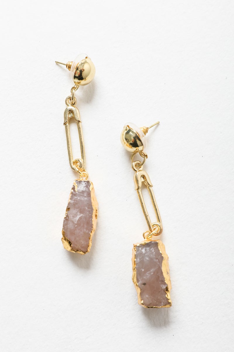 Elegant Gem Stone Fashion Earrings featuring a pink gemstone in a gold setting, perfect for special occasions.