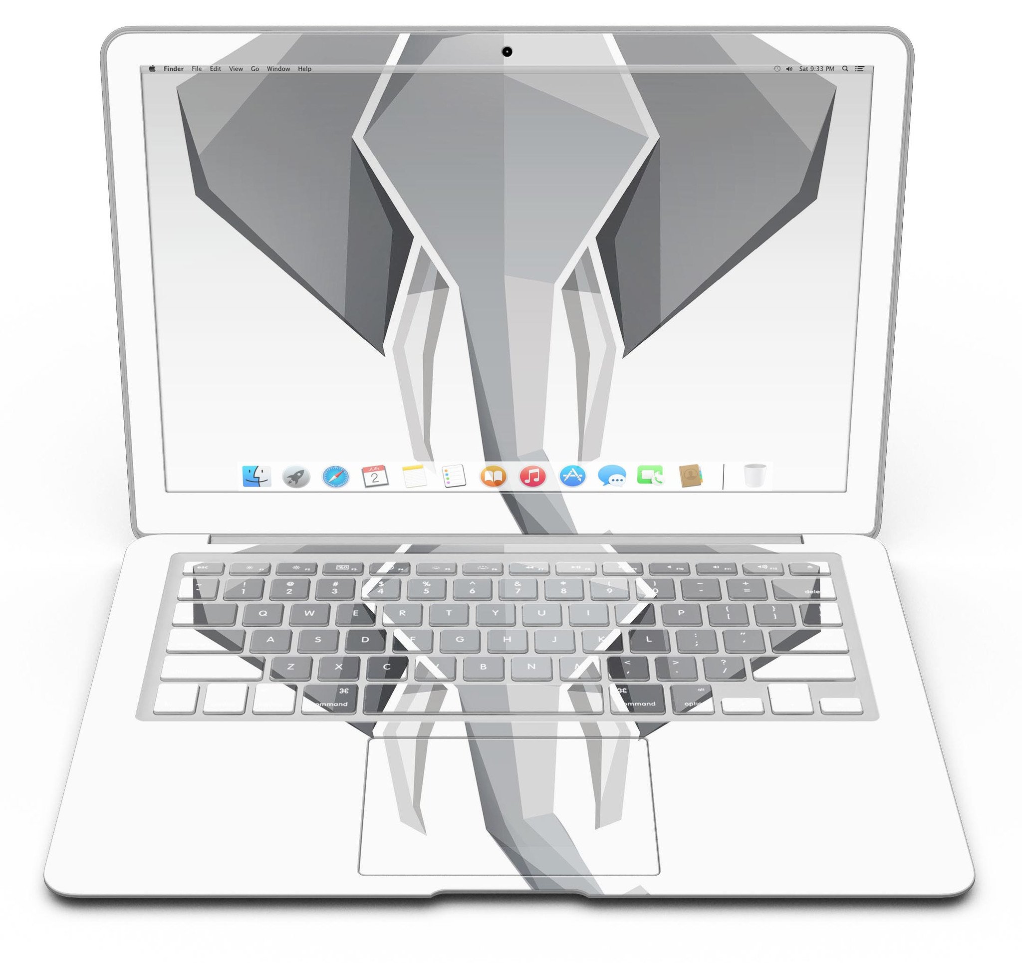 Geometric Elephant MacBook Air Skin Kit showcasing a vibrant elephant design on a sleek laptop surface.