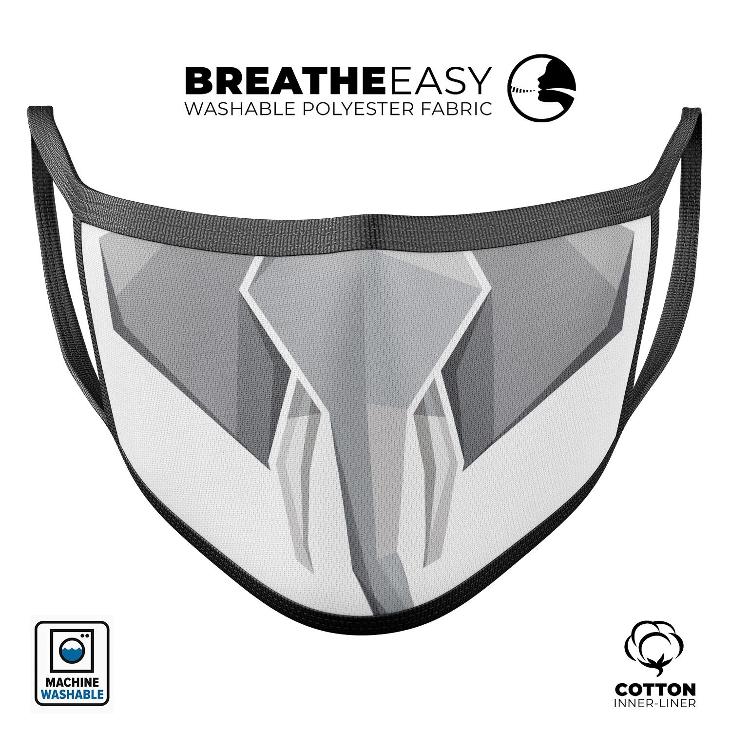 Geometric Elephant mouth cover, a unisex anti-dust cotton mask made in the USA, featuring a vibrant design and adjustable ear loops.