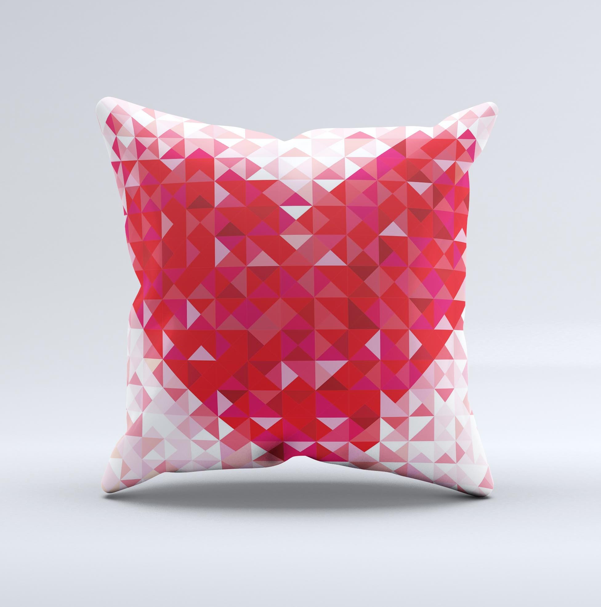 Geometric Faded Red Heart ink-Fuzed Decorative Throw Pillow with a unique design, handcrafted in Virginia, featuring a soft poly/cotton fabric.