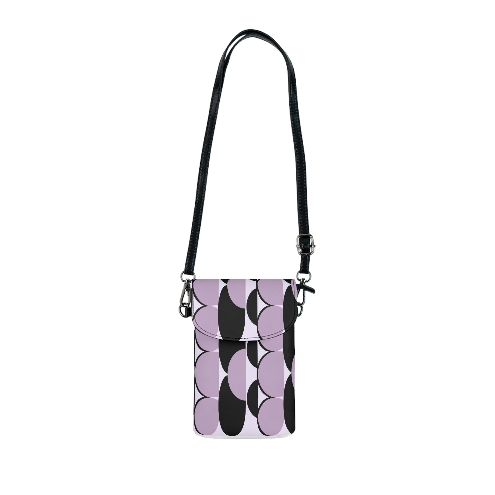 Geometric lavender and black pattern crossbody cell phone wallet purse with adjustable strap and card slots.