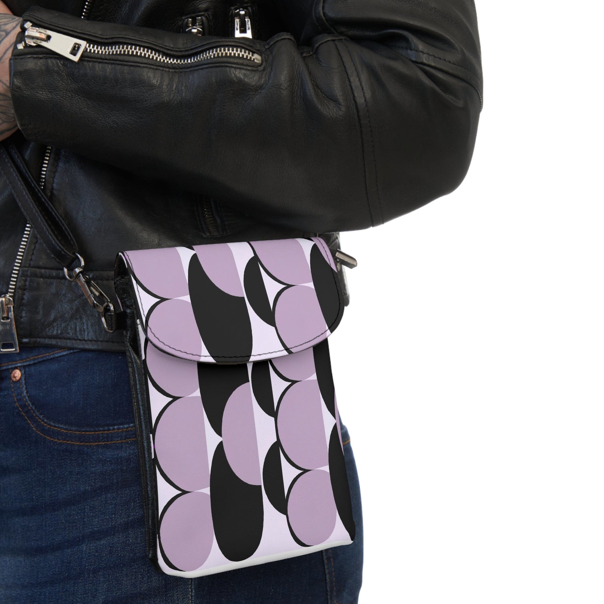 Geometric lavender and black pattern crossbody cell phone wallet purse with adjustable strap and card slots.