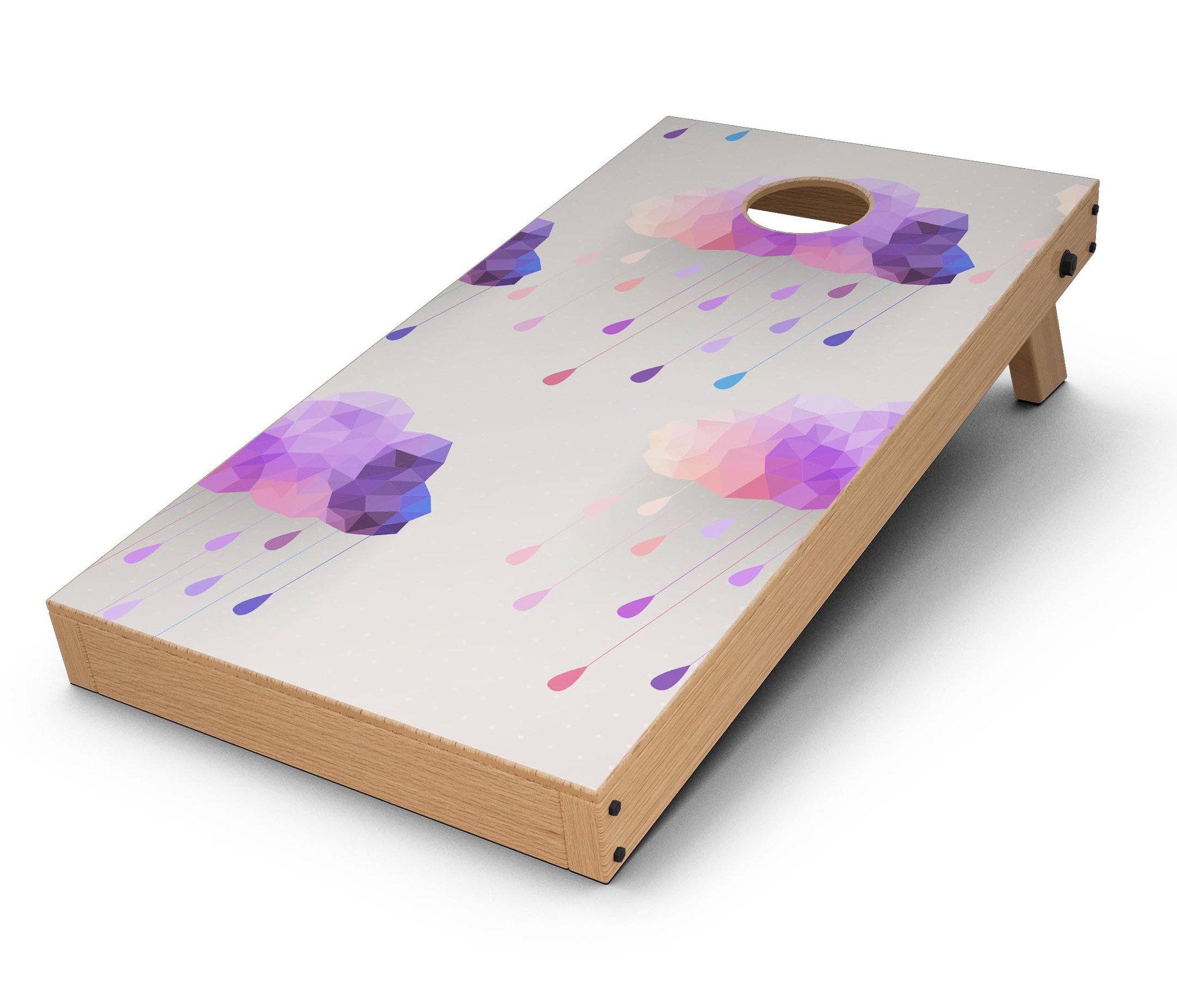 Geometric Rain Clouds CornHole Board Skin Decal Kit displayed on a wooden Cornhole board, showcasing vibrant colors and geometric patterns.