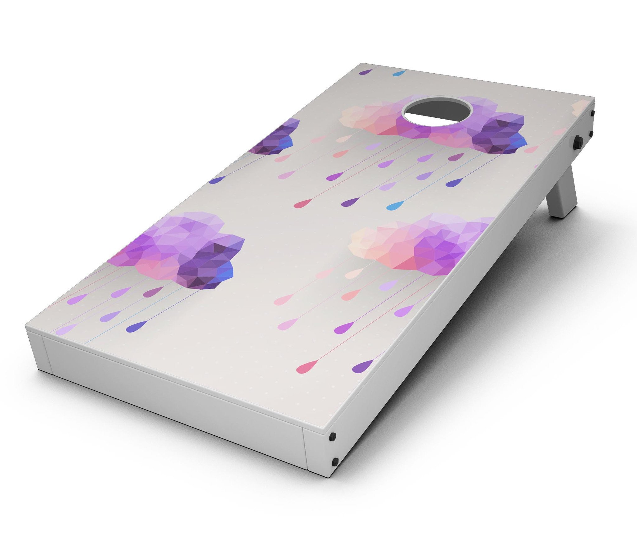 Geometric Rain Clouds CornHole Board Skin Decal Kit displayed on a wooden Cornhole board, showcasing vibrant colors and geometric patterns.