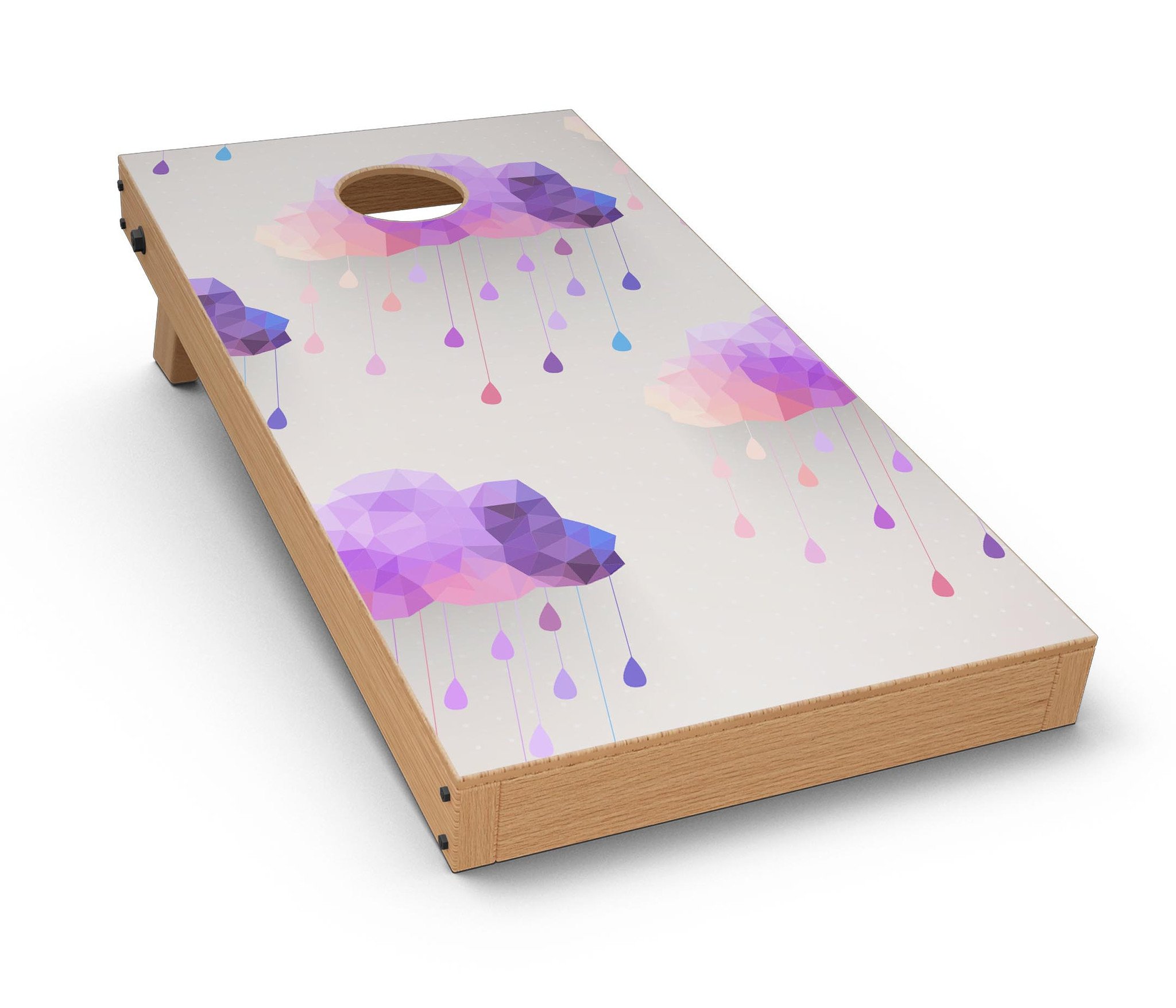 Geometric Rain Clouds CornHole Board Skin Decal Kit displayed on a wooden Cornhole board, showcasing vibrant colors and geometric patterns.