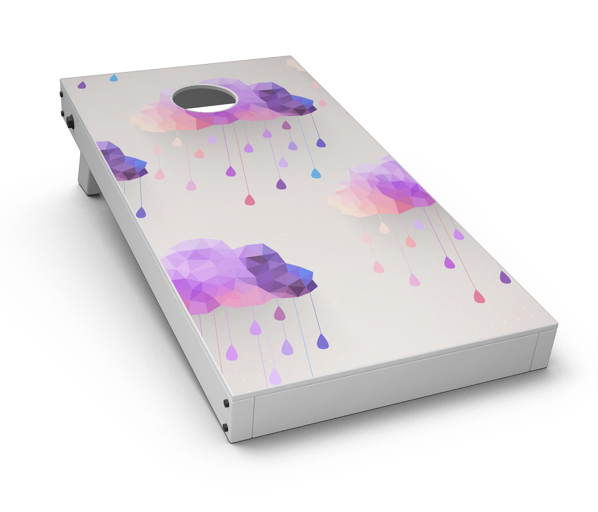 Geometric Rain Clouds CornHole Board Skin Decal Kit displayed on a wooden Cornhole board, showcasing vibrant colors and geometric patterns.