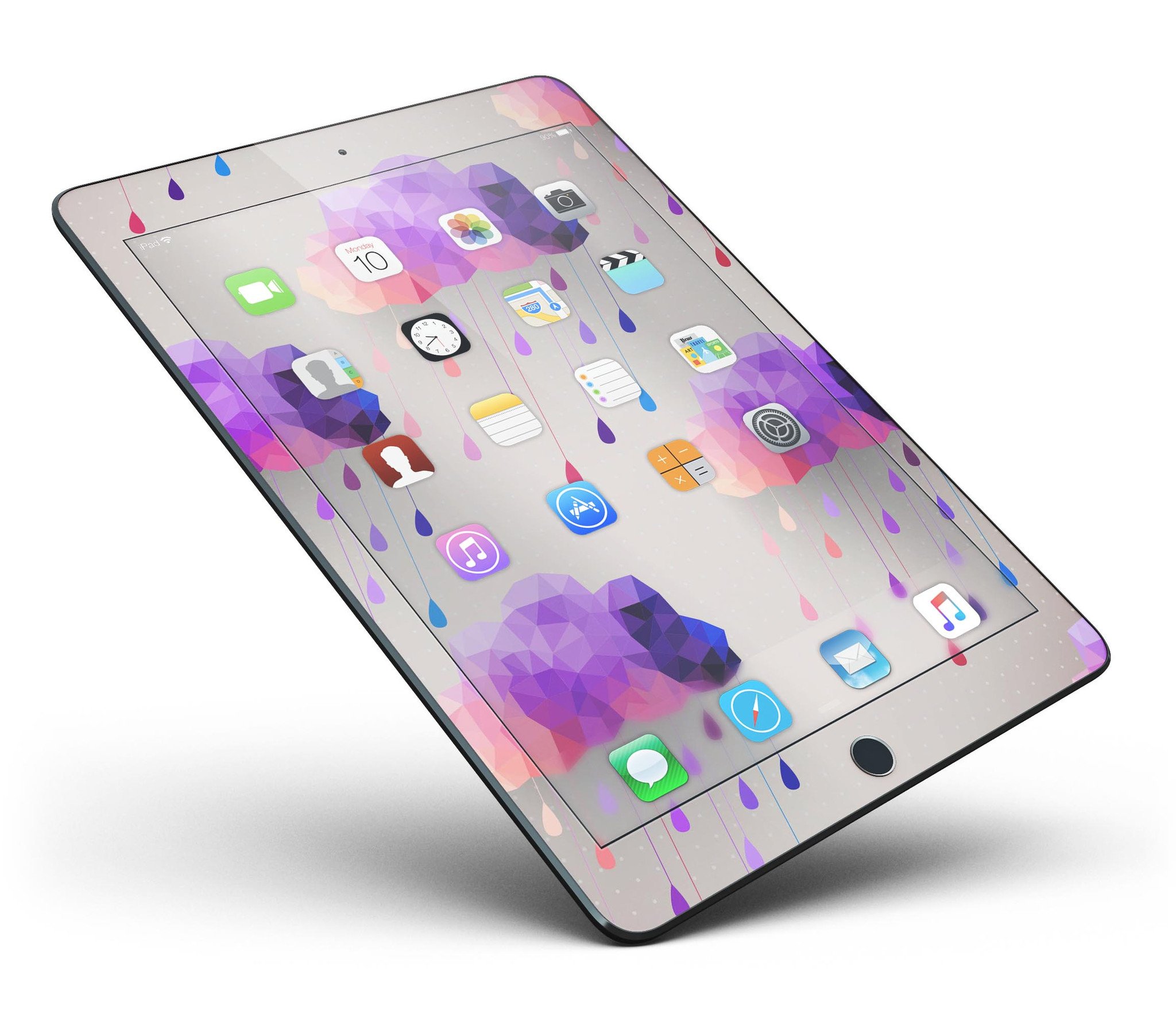 Geometric Rain Clouds Full Body Skin for iPad Pro, showcasing vibrant colors and a sleek design that fits perfectly on the device.