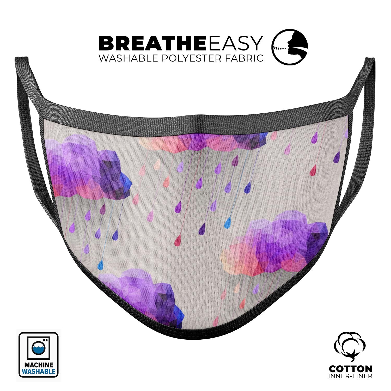 Geometric Rain Clouds mouth cover, featuring a vibrant design, made in the USA, showcasing adjustable ear loops and soft cotton interior.