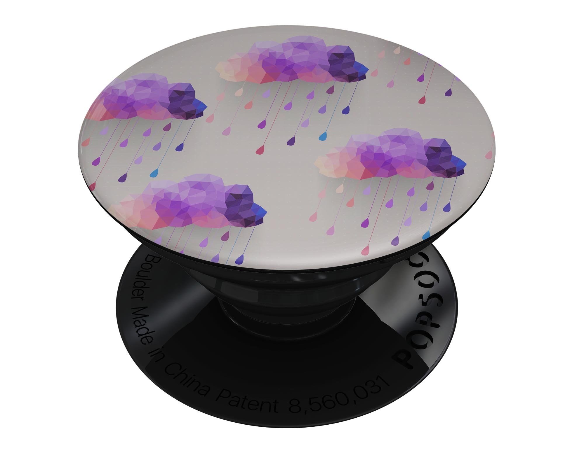 Geometric Rain Clouds Skin Kit for PopSockets, showcasing vibrant colors and patterns on a smartphone grip.