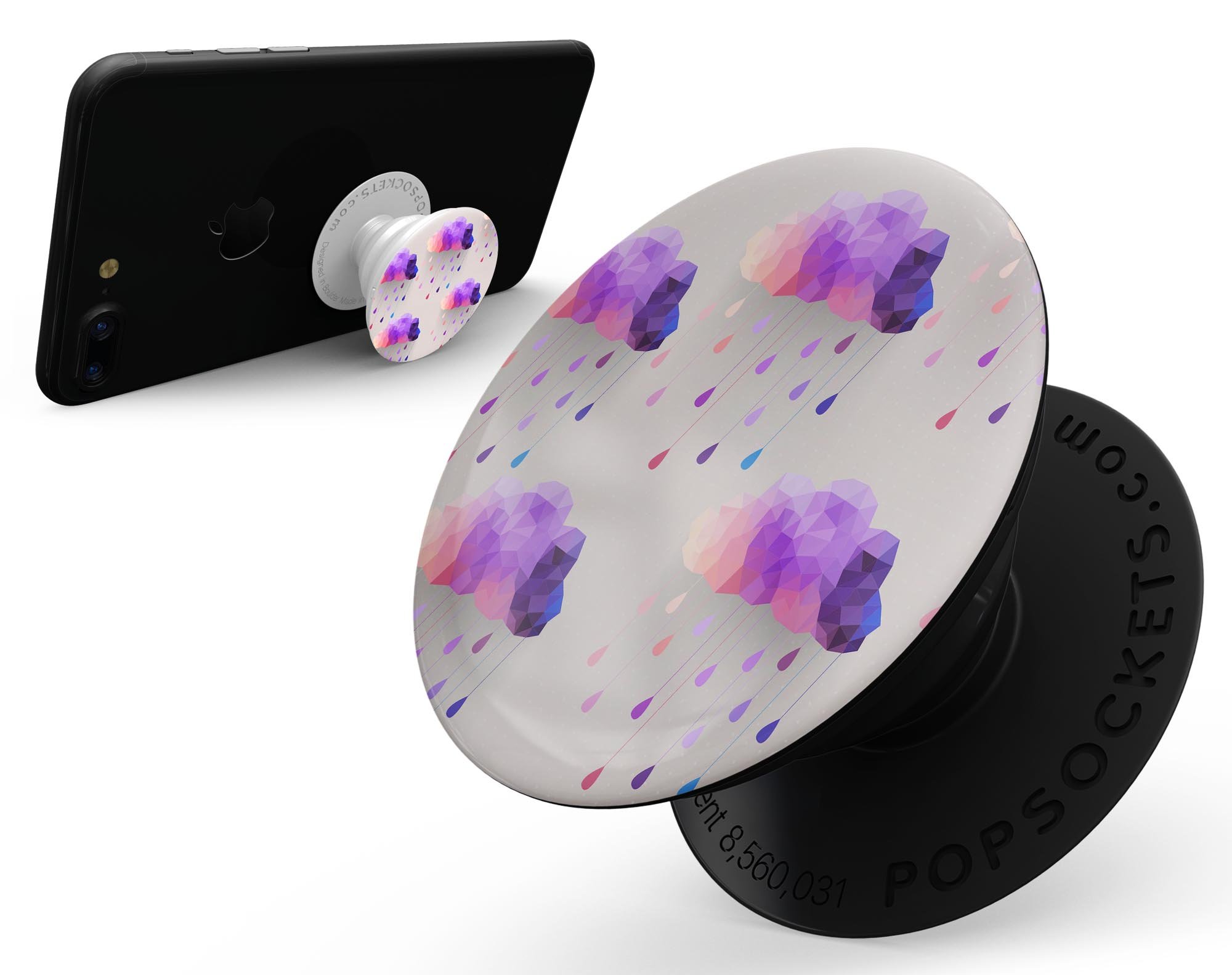 Geometric Rain Clouds Skin Kit for PopSockets, showcasing vibrant colors and patterns on a smartphone grip.