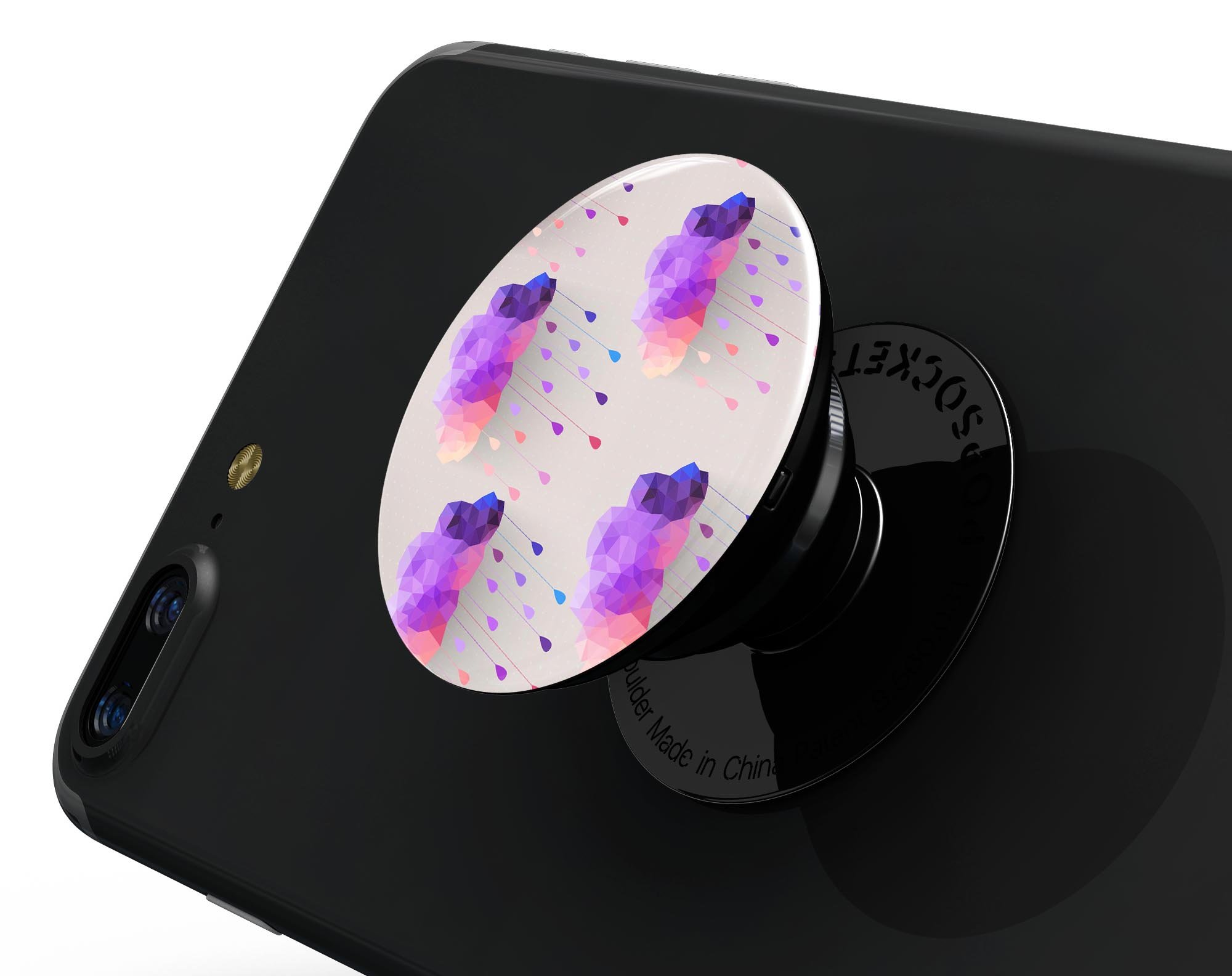 Geometric Rain Clouds Skin Kit for PopSockets, showcasing vibrant colors and patterns on a smartphone grip.